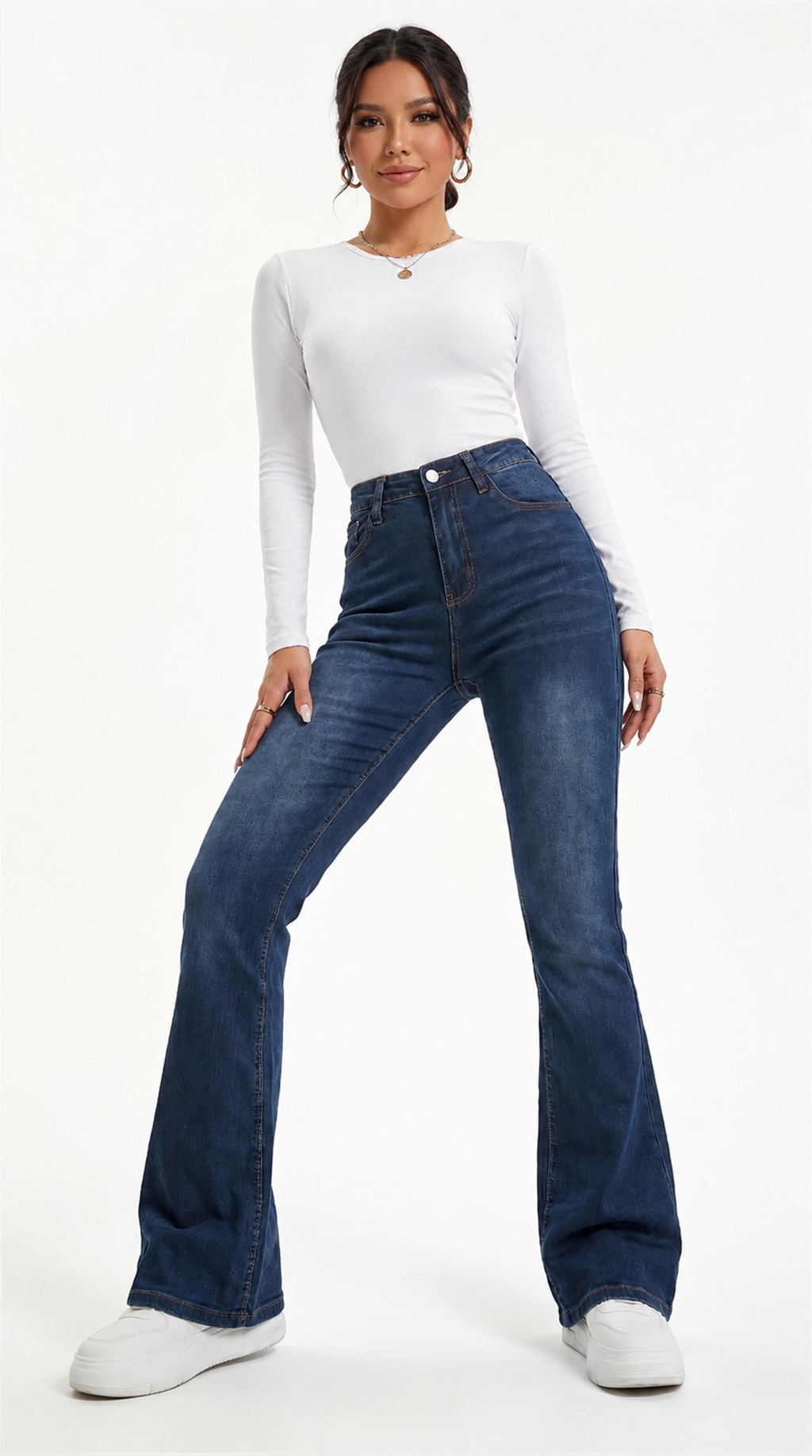 Woman wearing blue jeans and a white top on a white background, Slim flares jeans from Meleche Fashion USA or Meléche (short as (Mé))