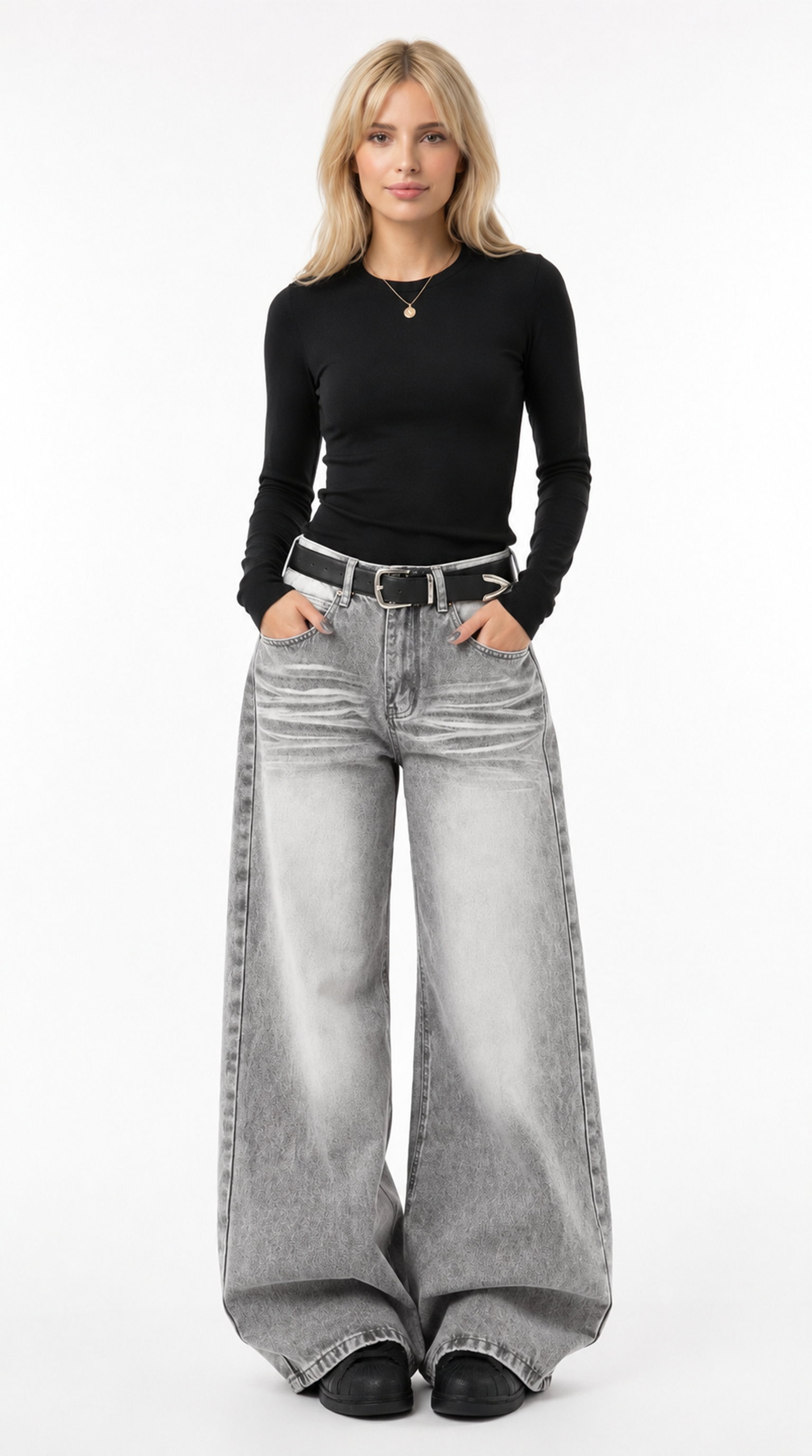 Woman wearing a black long-sleeve top and gray wide-leg jeans on a white background jeans from Meleche Fashion USA or Meléche (short as (Mé))