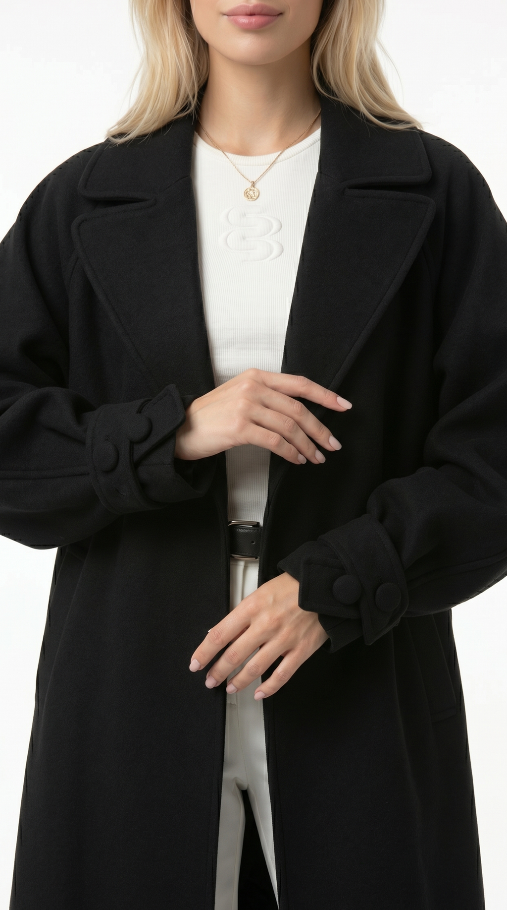 Person wearing a black coat on a white background from Meleche USA or Meléche (short as (Mé))