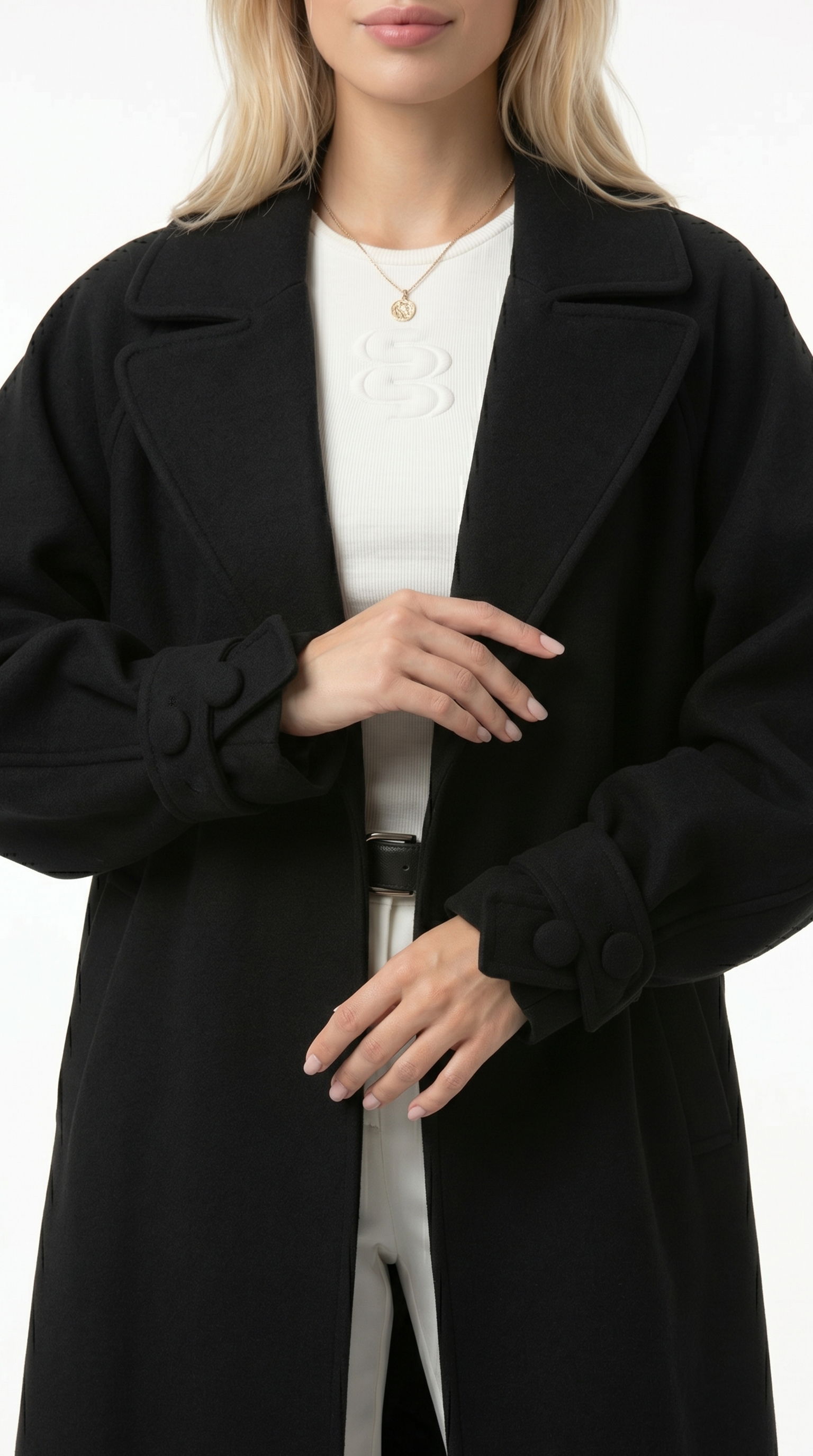 Person wearing a black coat on a white background from Meleche USA or Meléche (short as (Mé))