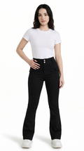 Woman wearing a white t-shirt and black pants on a white background Slim-Fit Cotton jeans from Meleche Fashion USA or Meléche (short as (Mé))