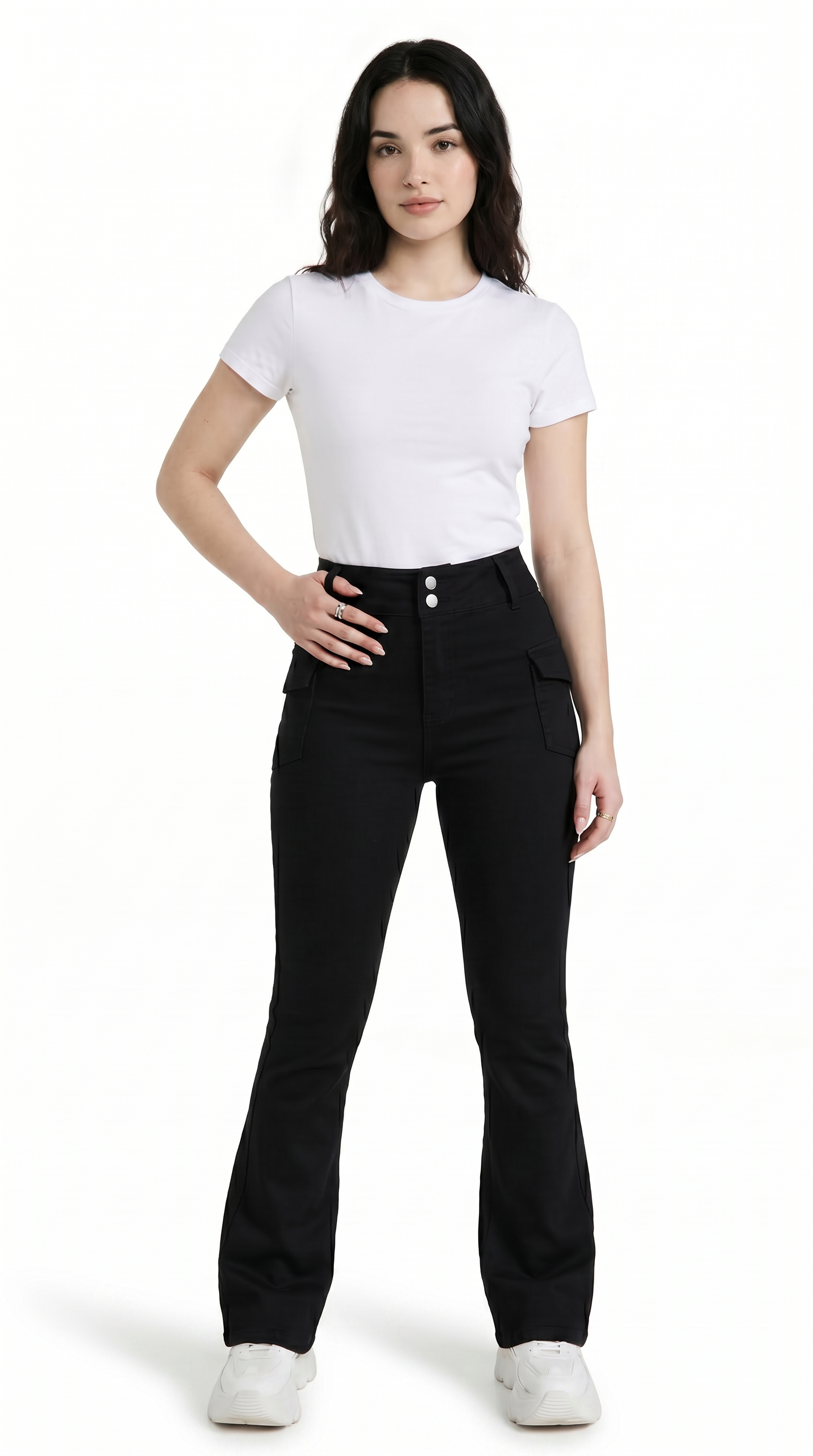 Woman wearing a white t-shirt and black pants on a white background Slim-Fit Cotton jeans from Meleche Fashion USA or Meléche (short as (Mé))