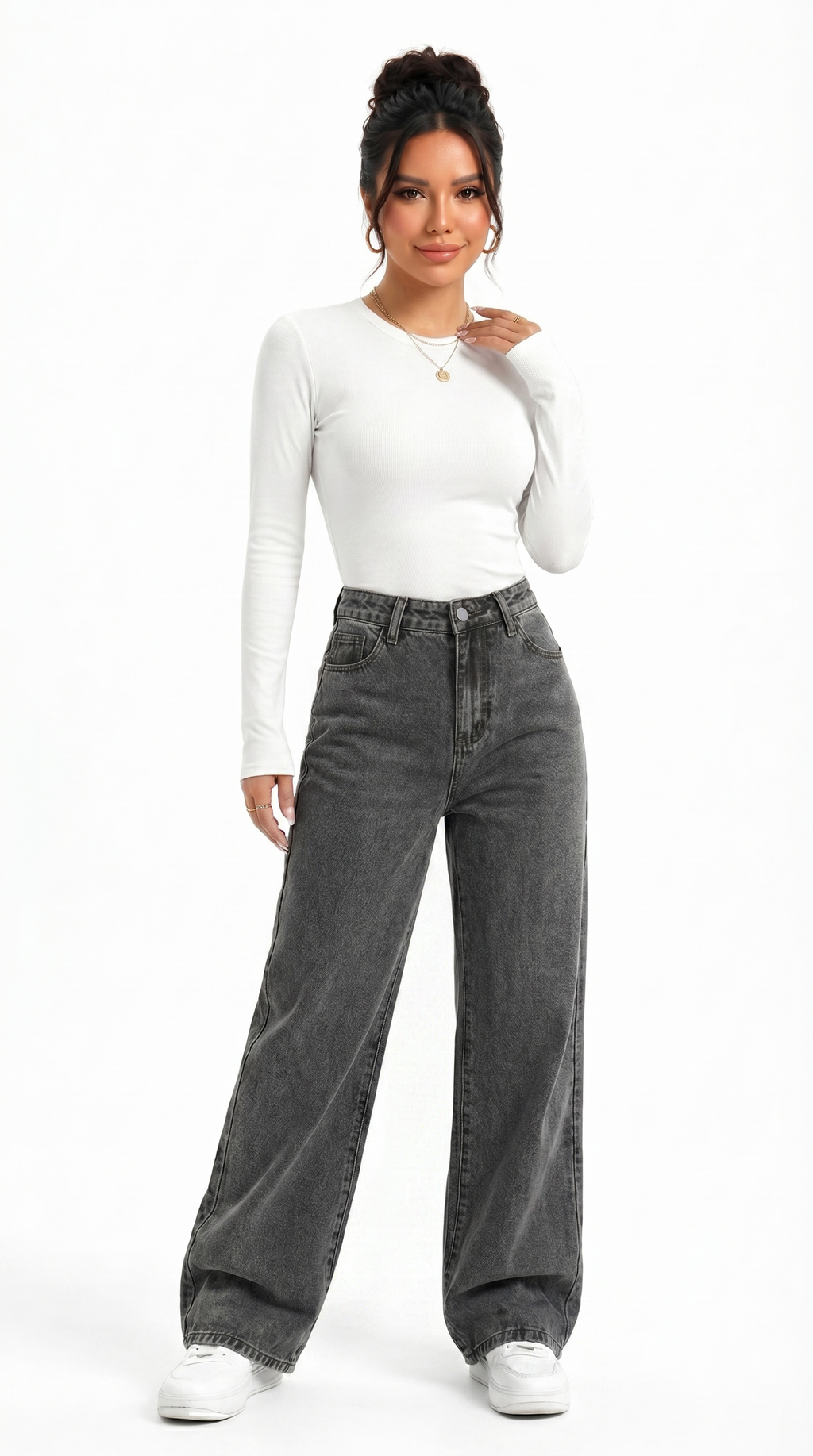 Woman wearing a white long-sleeve top and gray high-waisted jeans on a white background, Cotton jeans from Meleche Fashion USA or Meléche (short as (Mé))
