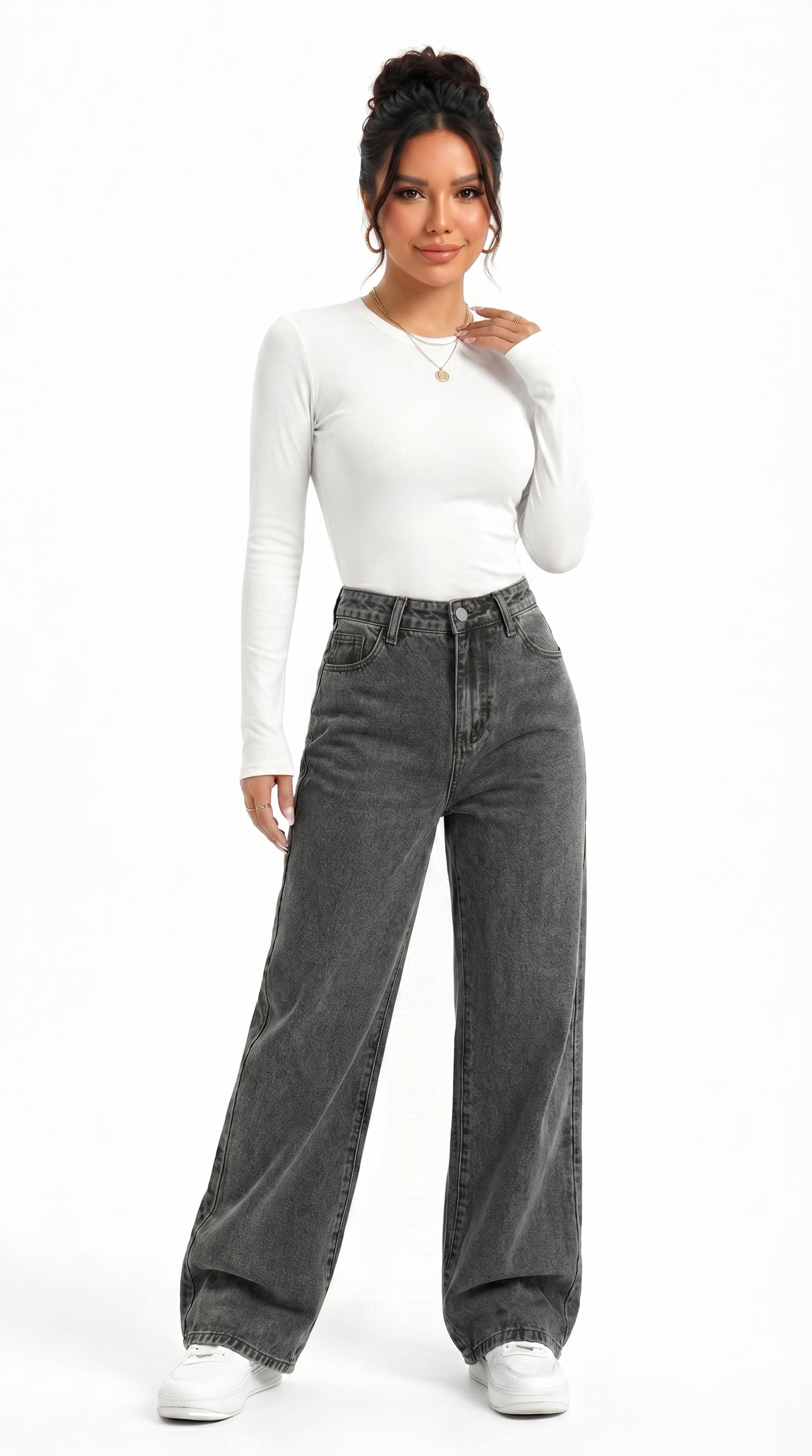 Woman wearing a white long-sleeve top and gray high-waisted jeans on a white background, Cotton jeans from Meleche Fashion USA or Meléche (short as (Mé))