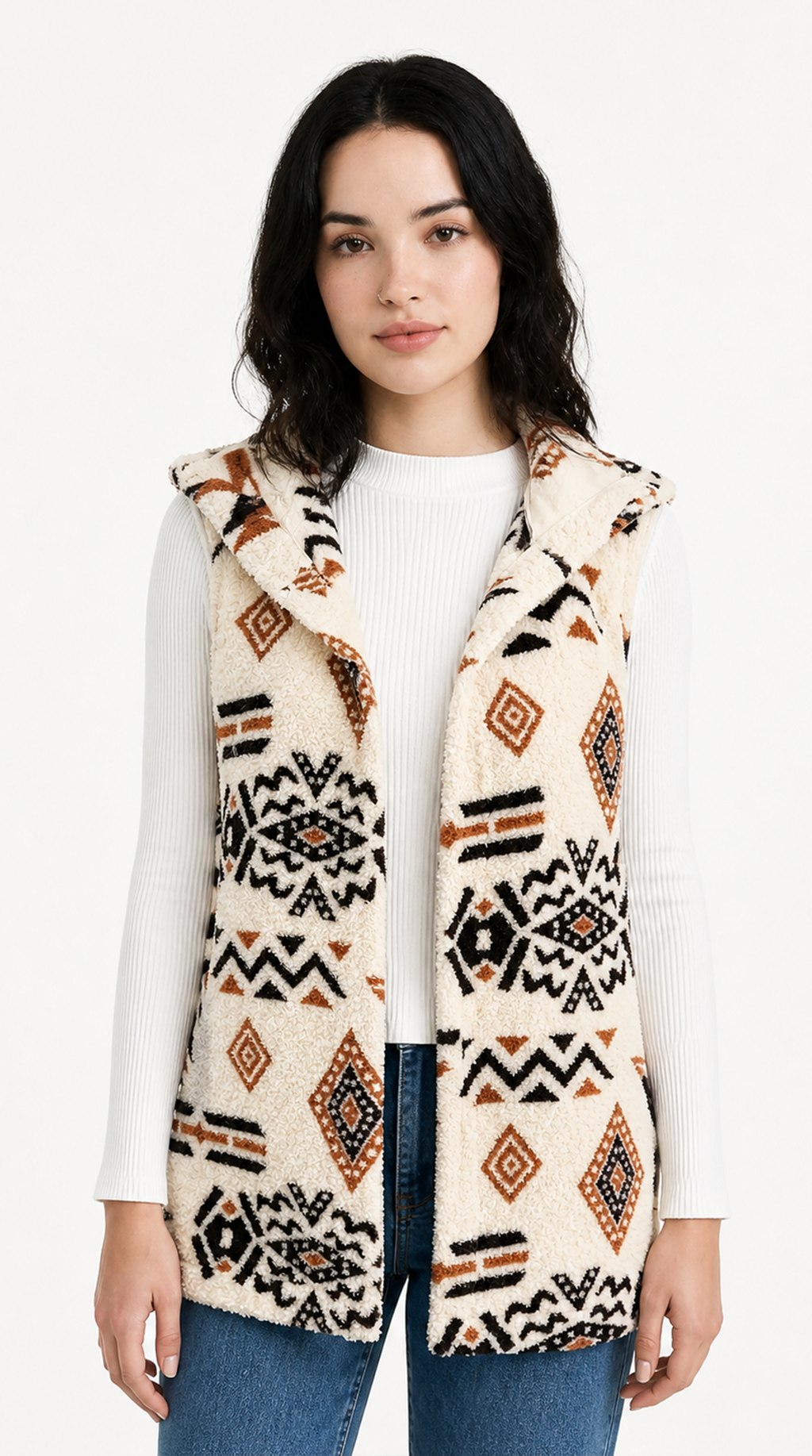 Woman wearing a patterned vest over a white shirt on a white background from Meleche Fashion USA or Meléche (short as (Mé))