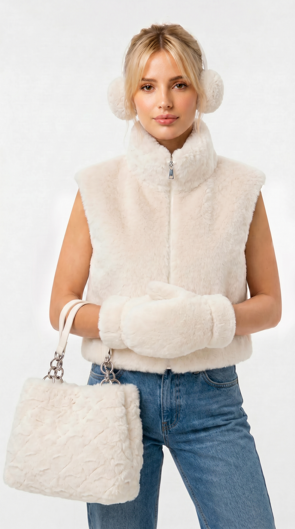 Woman wearing a cream fur vest, gloves, and holding a matching handbag on a white background from Meleche Fashion USA or Meléche (short as (Mé))