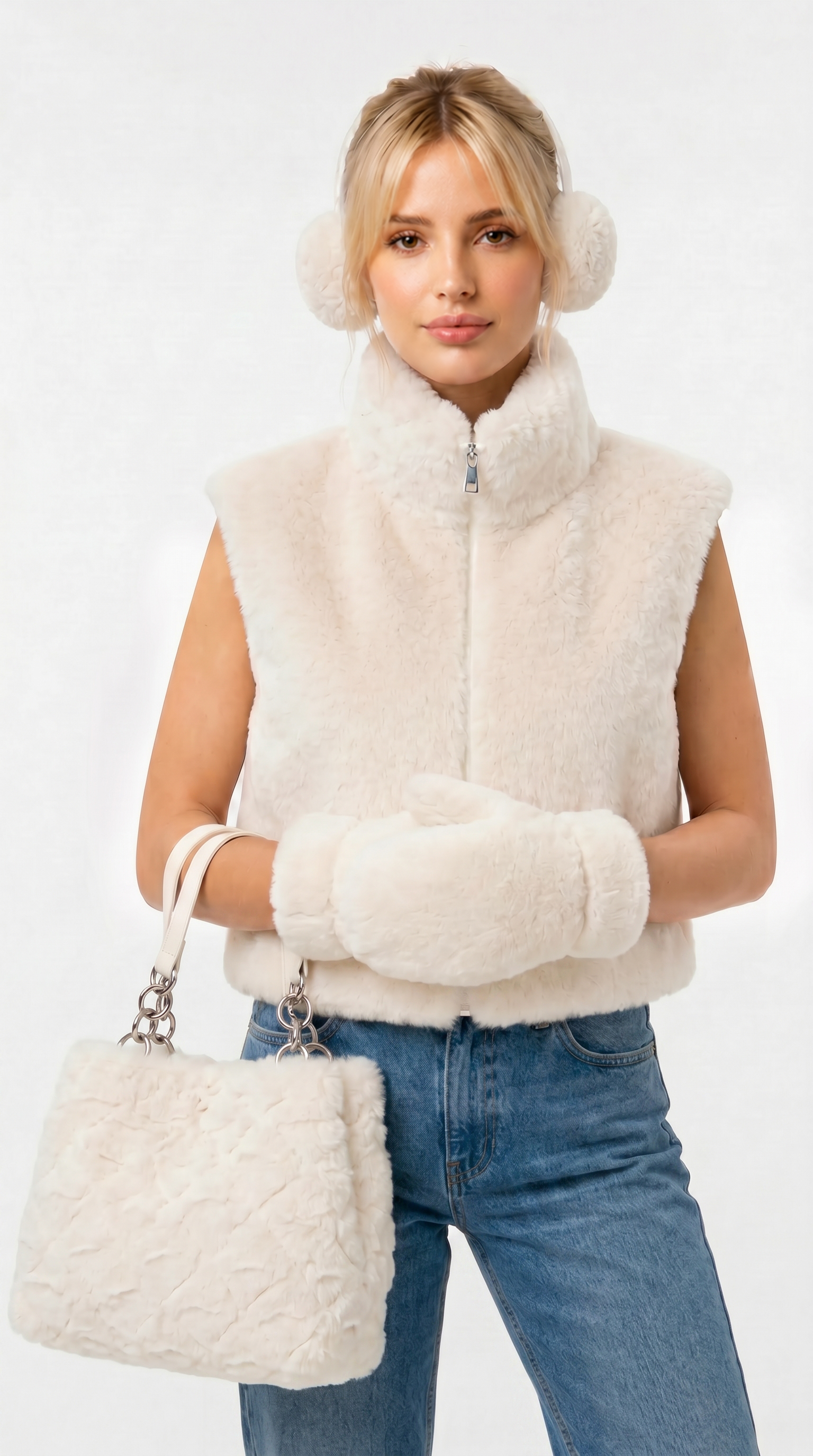 Woman wearing a cream fur vest, gloves, and holding a matching handbag on a white background from Meleche Fashion USA or Meléche (short as (Mé))