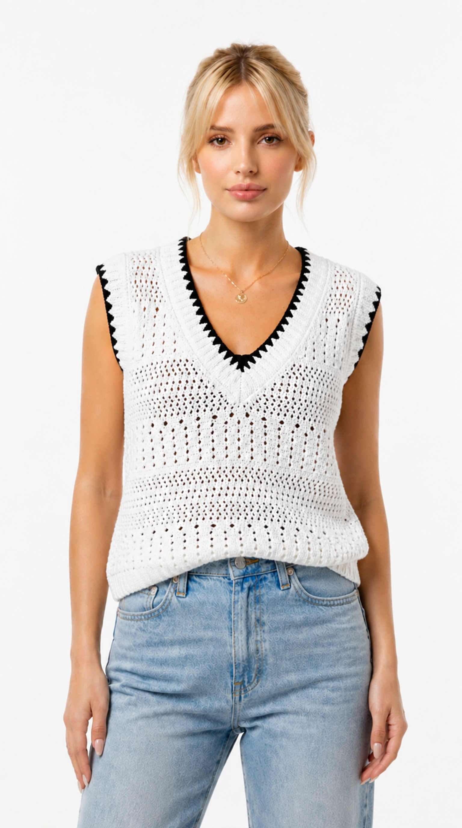 Isla girl wearing a white sleeveless crochet top with black trim against a white background from Meleche Fashion USA or Meléche (short as (Mé))