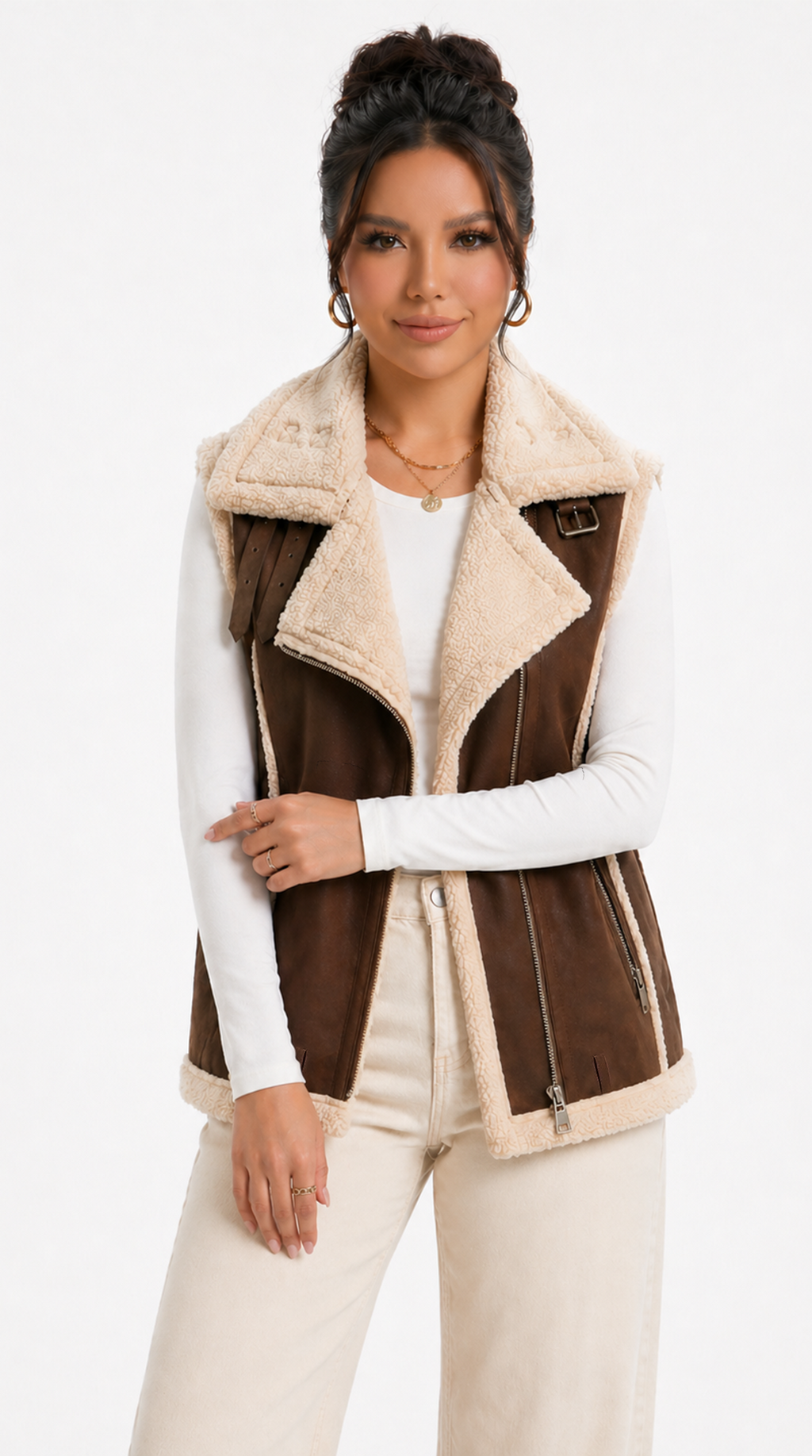 Woman wearing a brown and beige vest on a white background from Meleche Fashion USA or Meléche (short as (Mé))