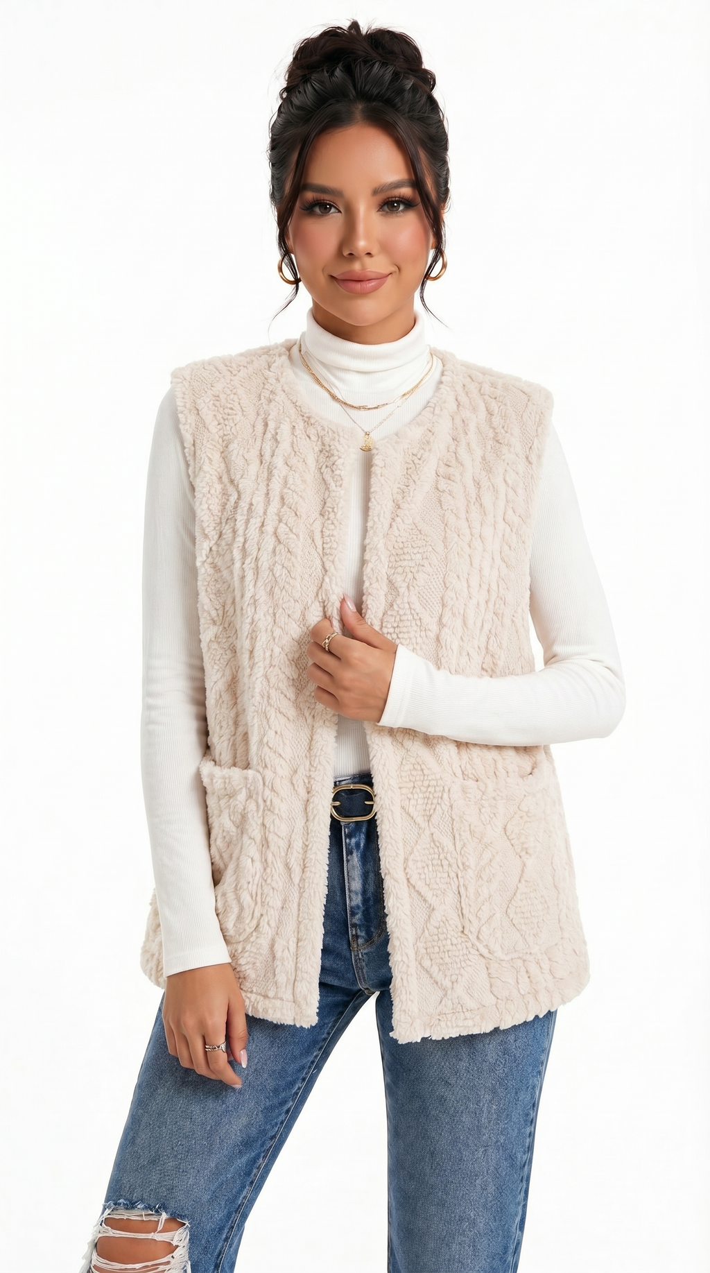 Woman wearing a cream cable knit vest over a white turtleneck and blue jeans on a white background from Meleche Fashion USA or Meléche (short as (Mé))