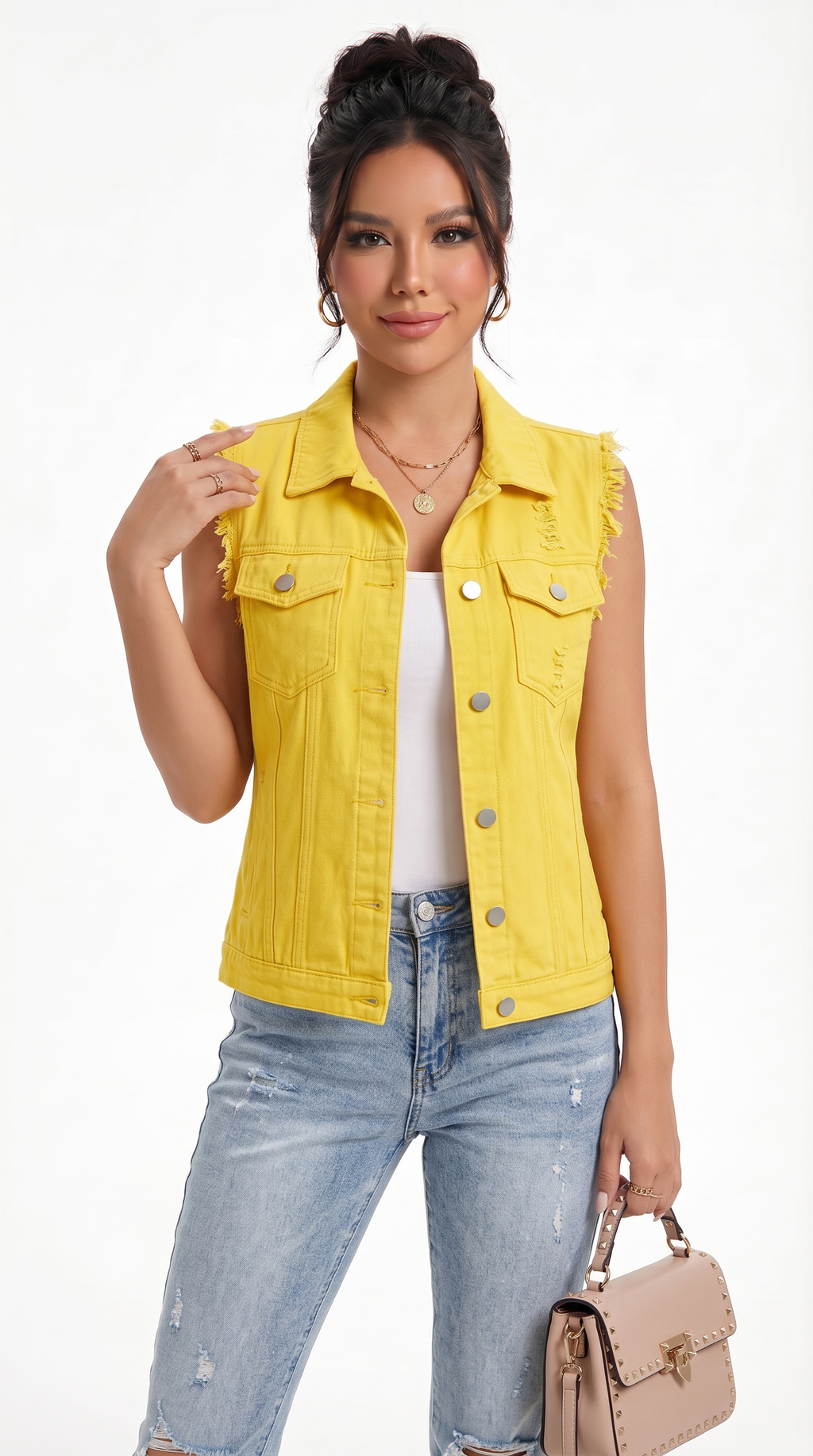 Woman wearing a yellow denim vest over a white top and blue jeans, holding a beige handbag on a white background, from Meleche Fashion USA or Meléche (short as (Mé))