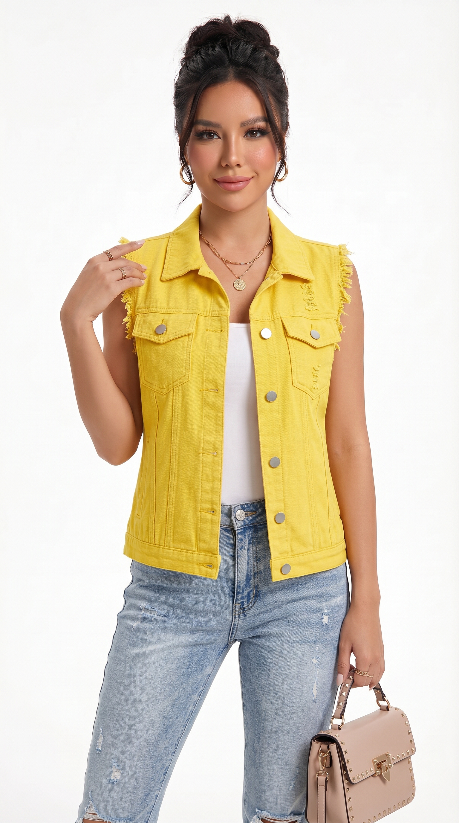 Woman wearing a yellow denim vest over a white top and blue jeans, holding a beige handbag on a white background, from Meleche Fashion USA or Meléche (short as (Mé))