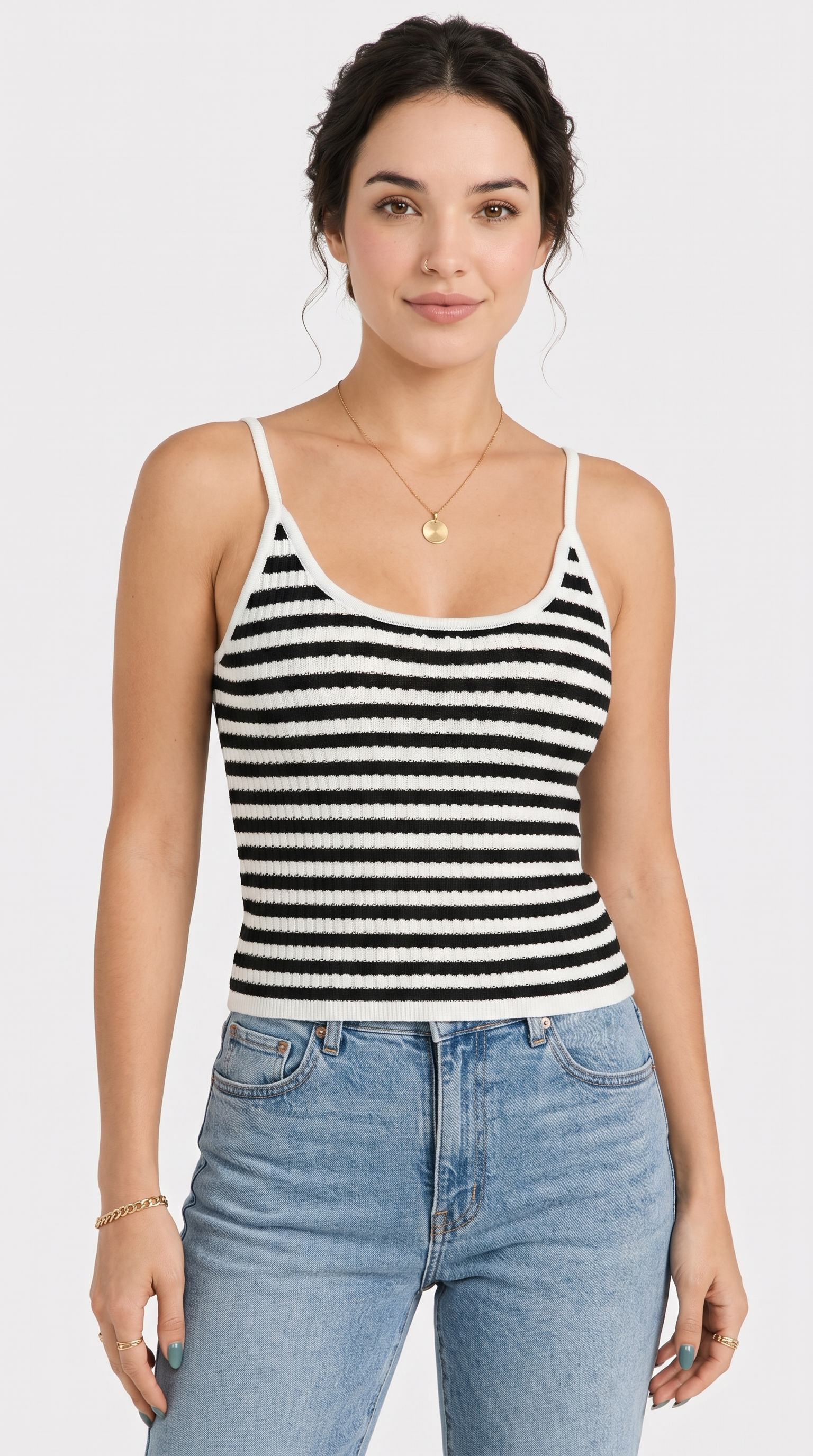 girl wearing Black and white striped tank top on a white background, from Meleche Fashion USA or Meléche (short as (Mé))