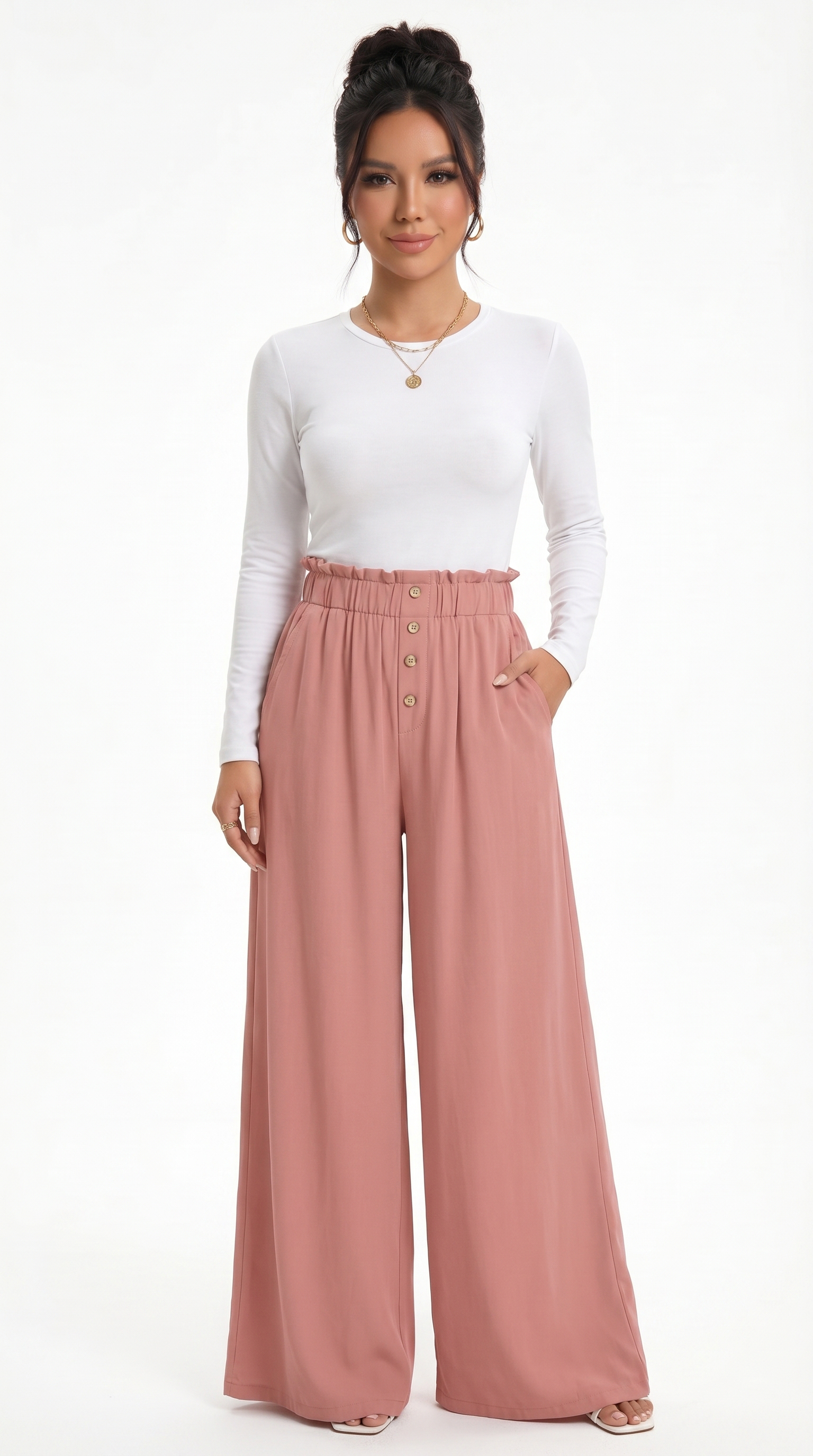 Woman wearing a white long-sleeve top and pink wide-leg pants on a white background, sexy loss pants from Meleche Fashion USA or Meléche (short as (Mé))
