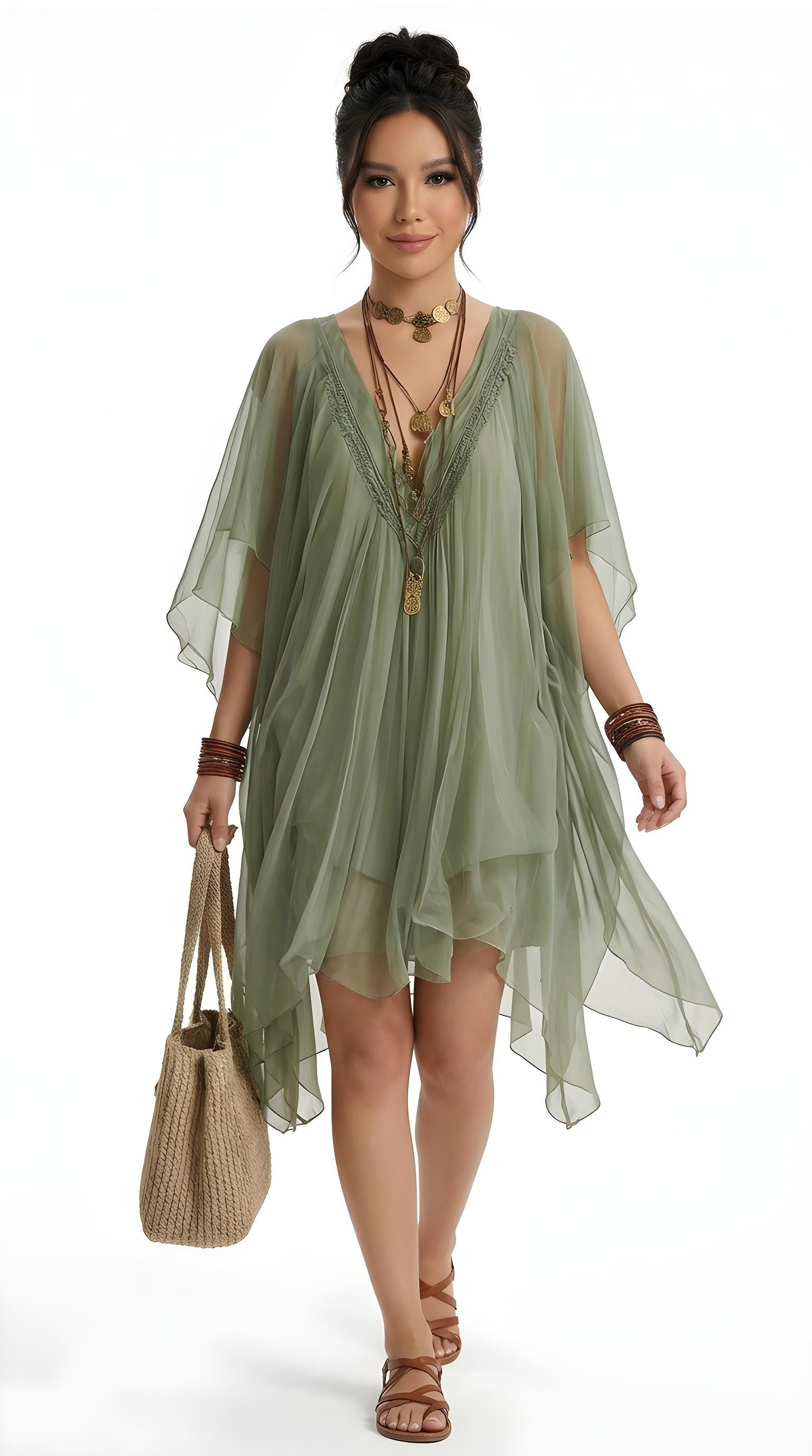 Woman wearing a green sheer dress holding a straw bag on a white background