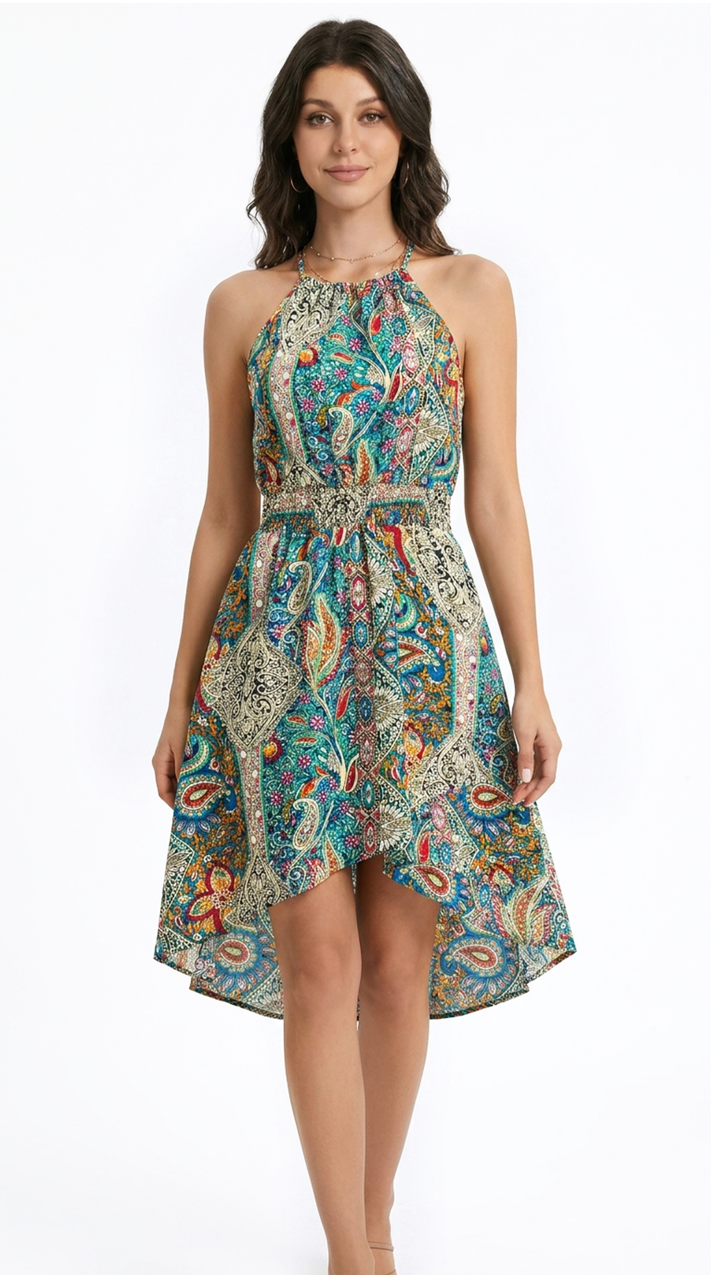 Woman wearing a patterned dress from Meleche or Meléche (short as (Mé))