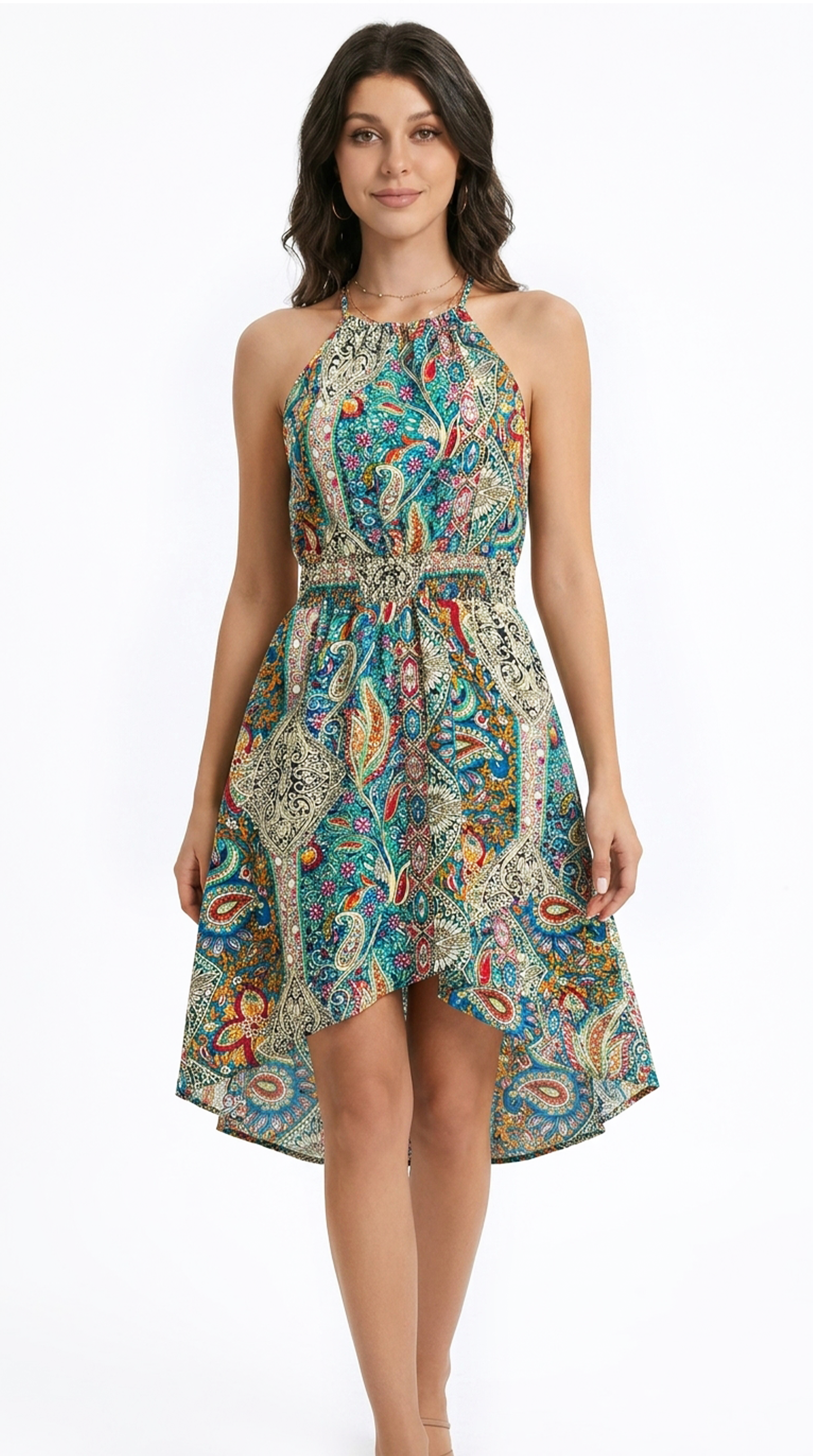 Woman wearing a patterned dress from Meleche or Meléche (short as (Mé))