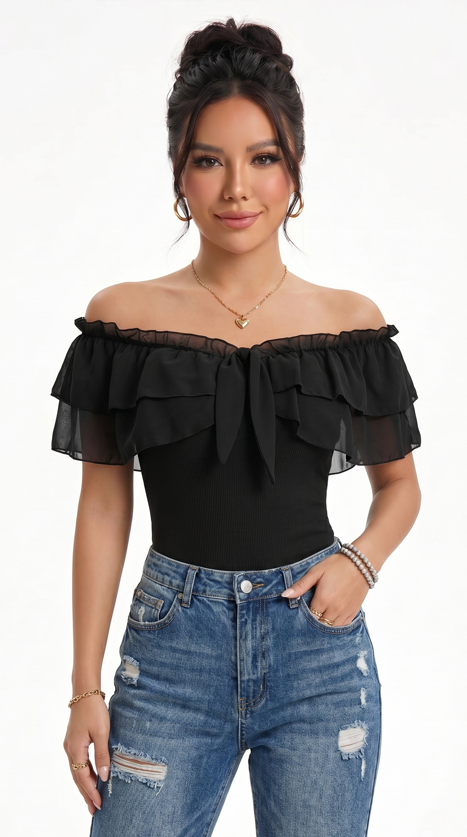 Woman wearing a black off-shoulder top and blue jeans on a white background, from Meleche Fashion USA or Meléche (short as (Mé))