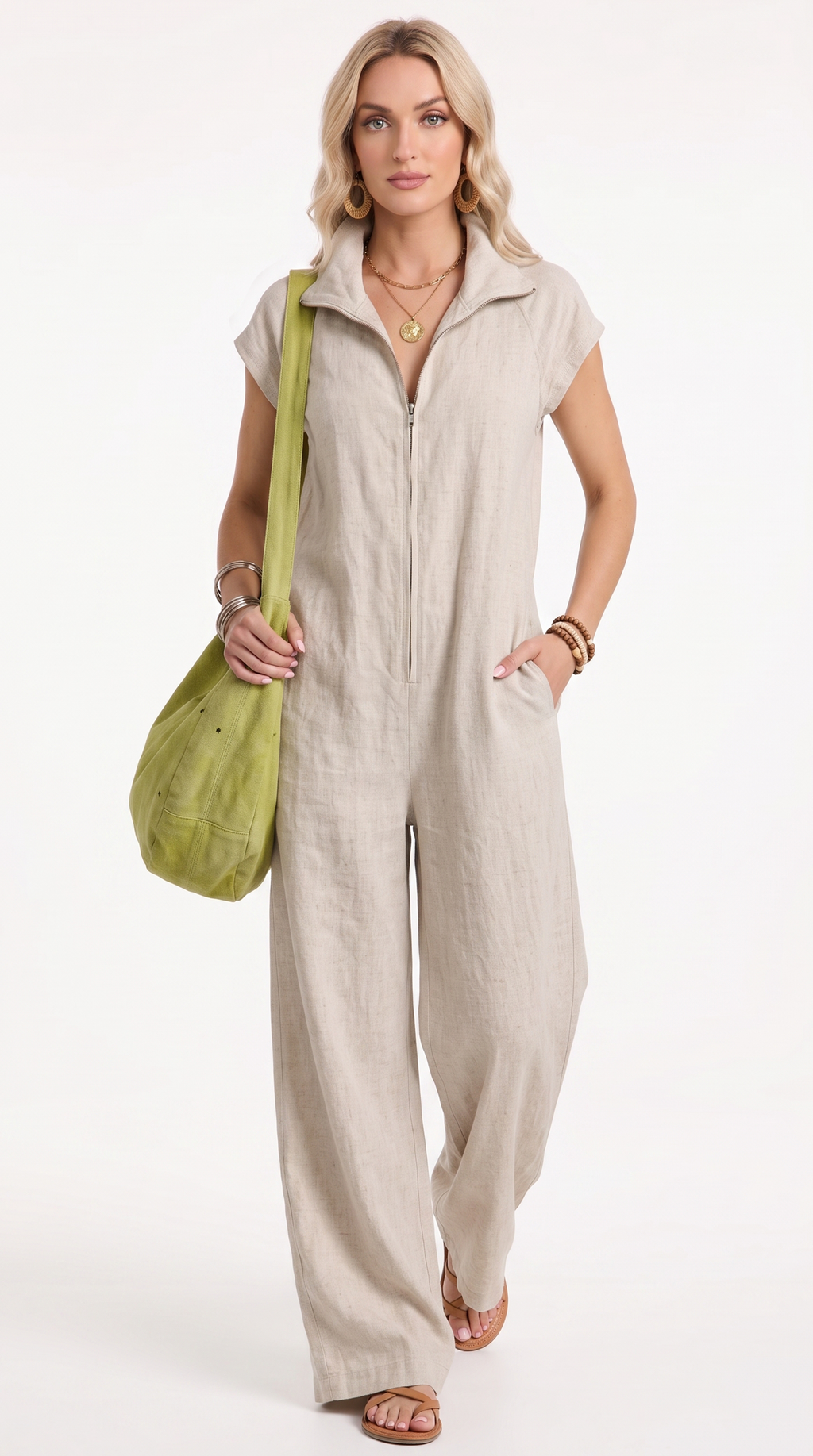 A woman modeling a light beige linen jumpsuit with a front zipper and wide legs, carrying a lime green shoulder bag against a white studio background, from Meleche Fashion USA or Meléche (short as (Mé))