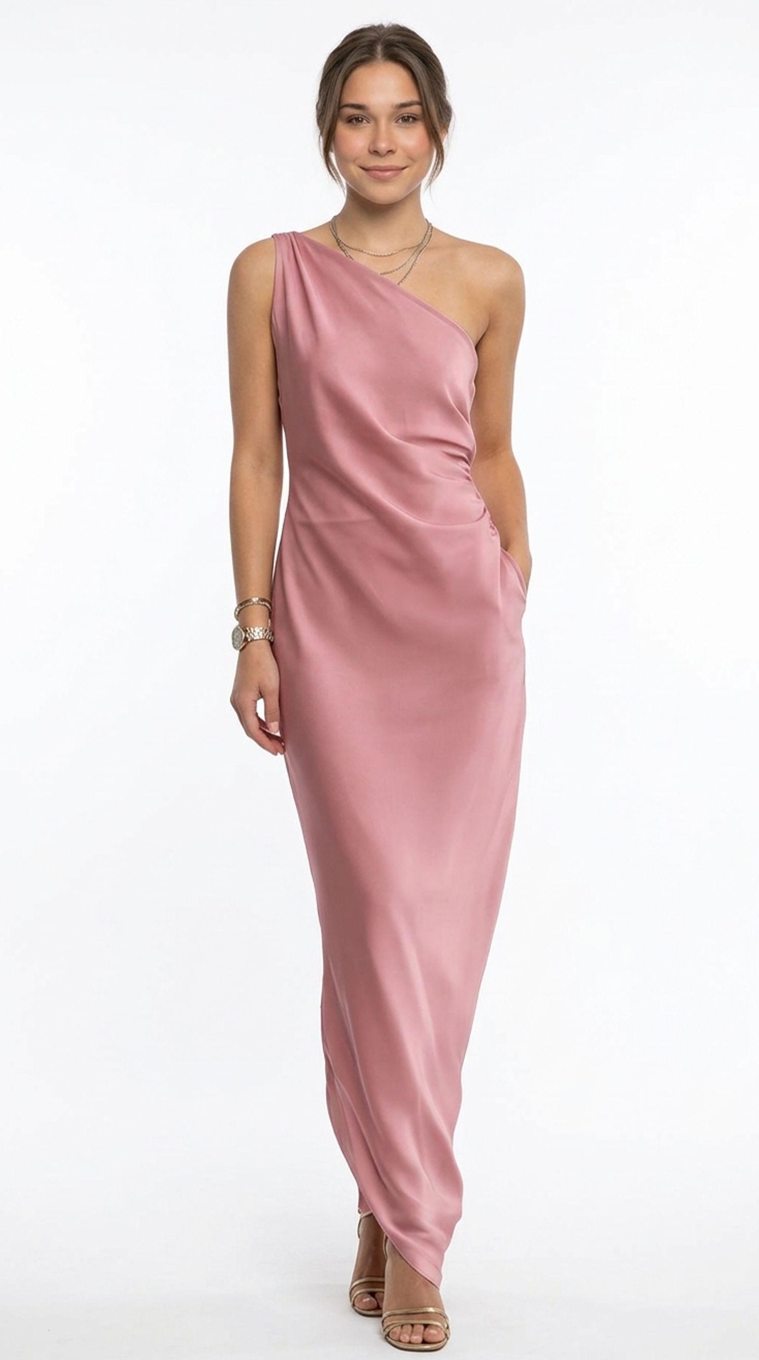 Woman wearing a pink one-shoulder dress on a white background