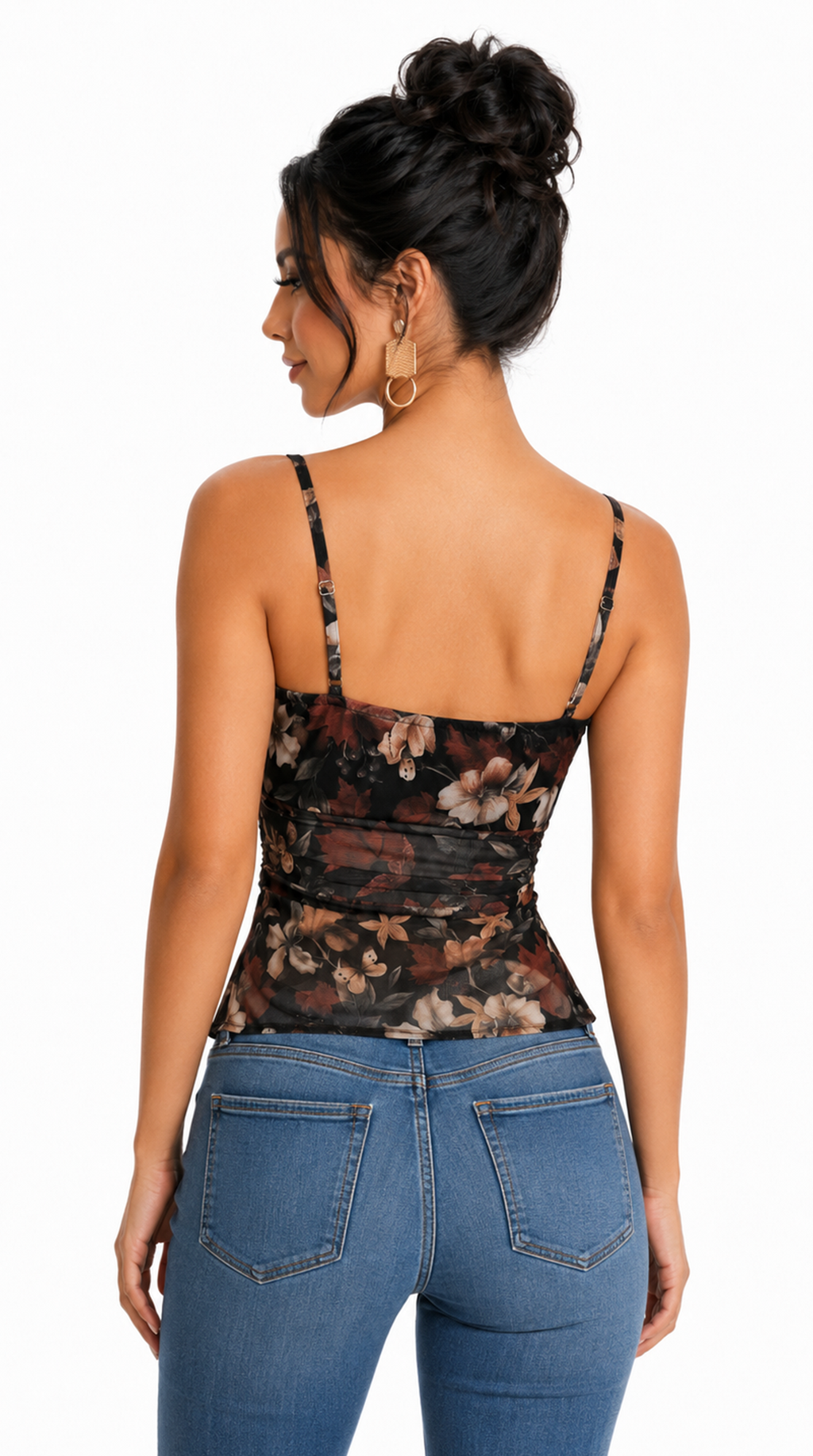 Woman wearing sexy floral top and blue jeans on a white background, from Meleche Fashion USA or Meléche (short as (Mé))