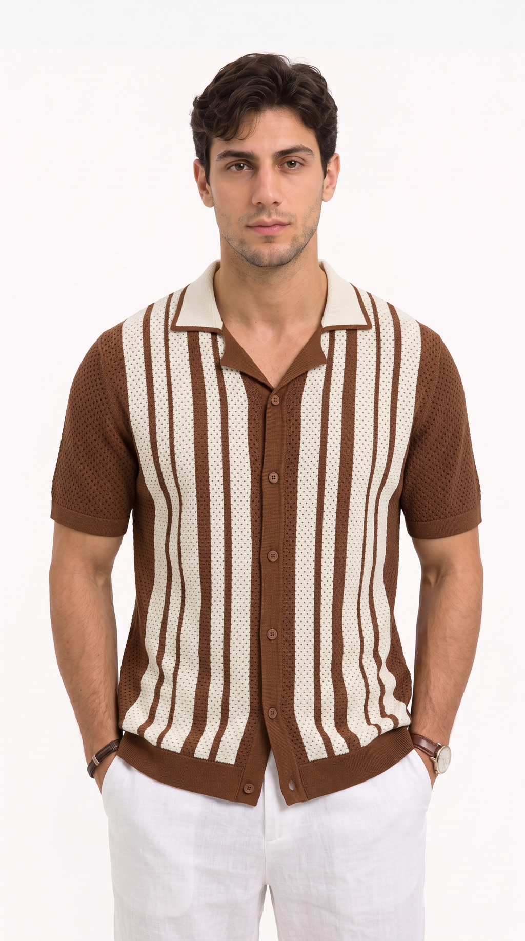 A man wearing a brown and cream vertically striped knit short-sleeve button-up shirt, paired with white pants, against a plain white background, from Meleche Fashion USA or Meléche (short as (Mé))