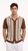 A man wearing a brown and cream vertically striped knit short-sleeve button-up shirt, paired with white pants, against a plain white background, from Meleche Fashion USA or Meléche (short as (Mé))