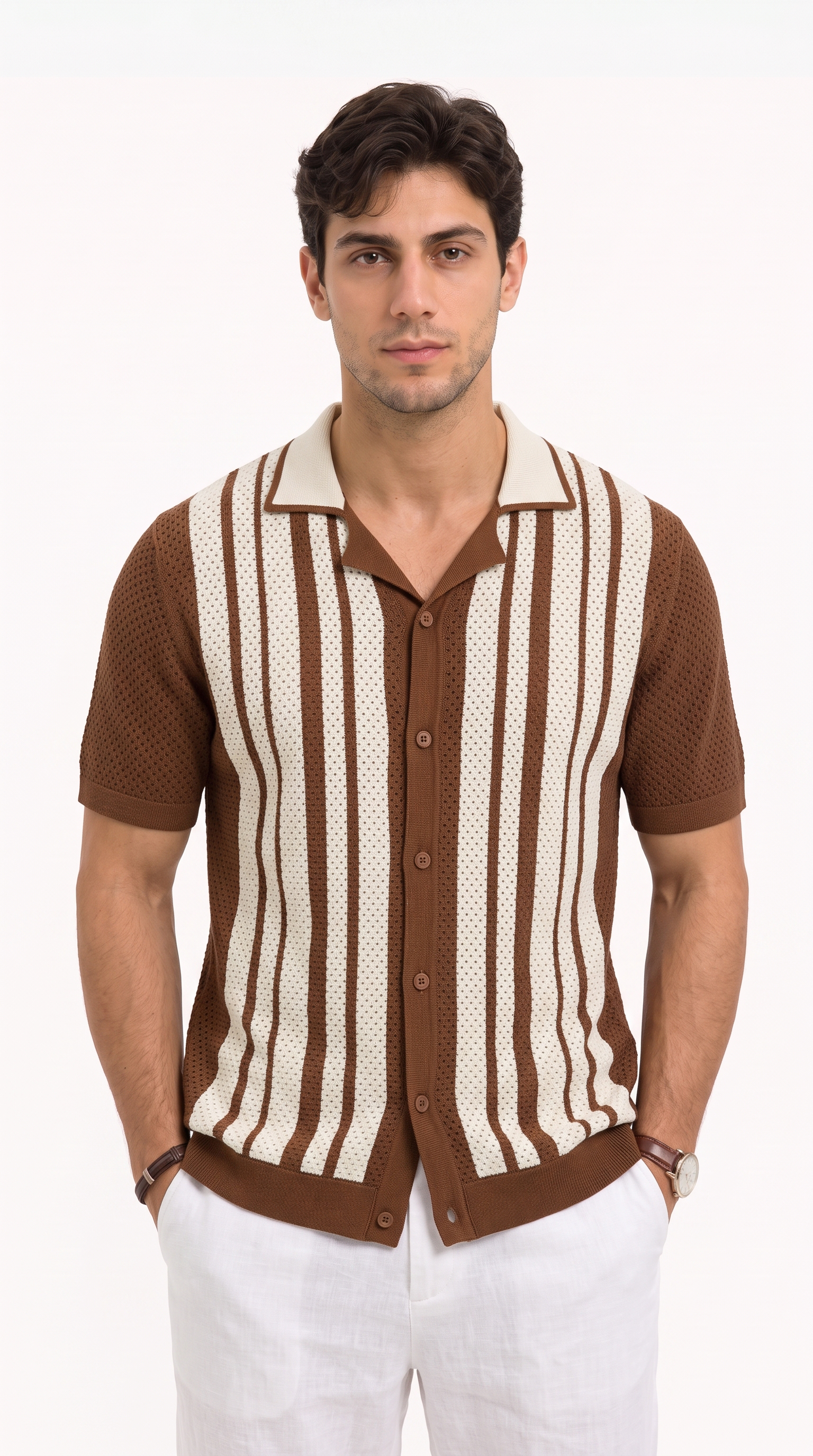 A man wearing a brown and cream vertically striped knit short-sleeve button-up shirt, paired with white pants, against a plain white background, from Meleche Fashion USA or Meléche (short as (Mé))