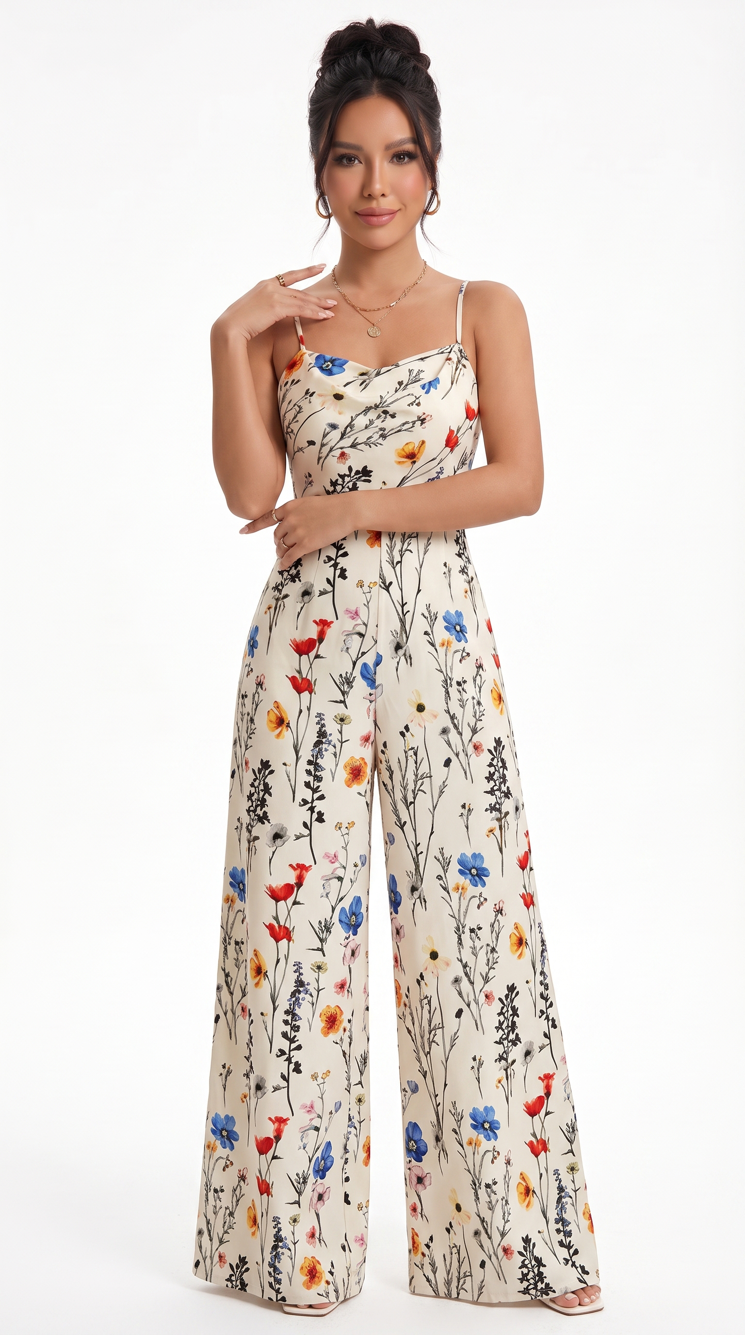 Woman wearing a floral jumpsuit on a white background, from Meleche Fashion USA or Meléche (short as (Mé))