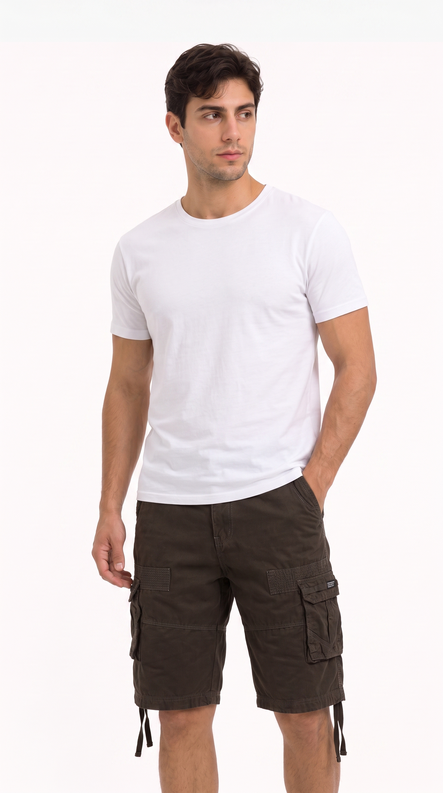 A man modeling a plain white short-sleeve crewneck t-shirt and dark brown cargo shorts against a clean white background, from Meleche Fashion USA or Meléche (short as (Mé))