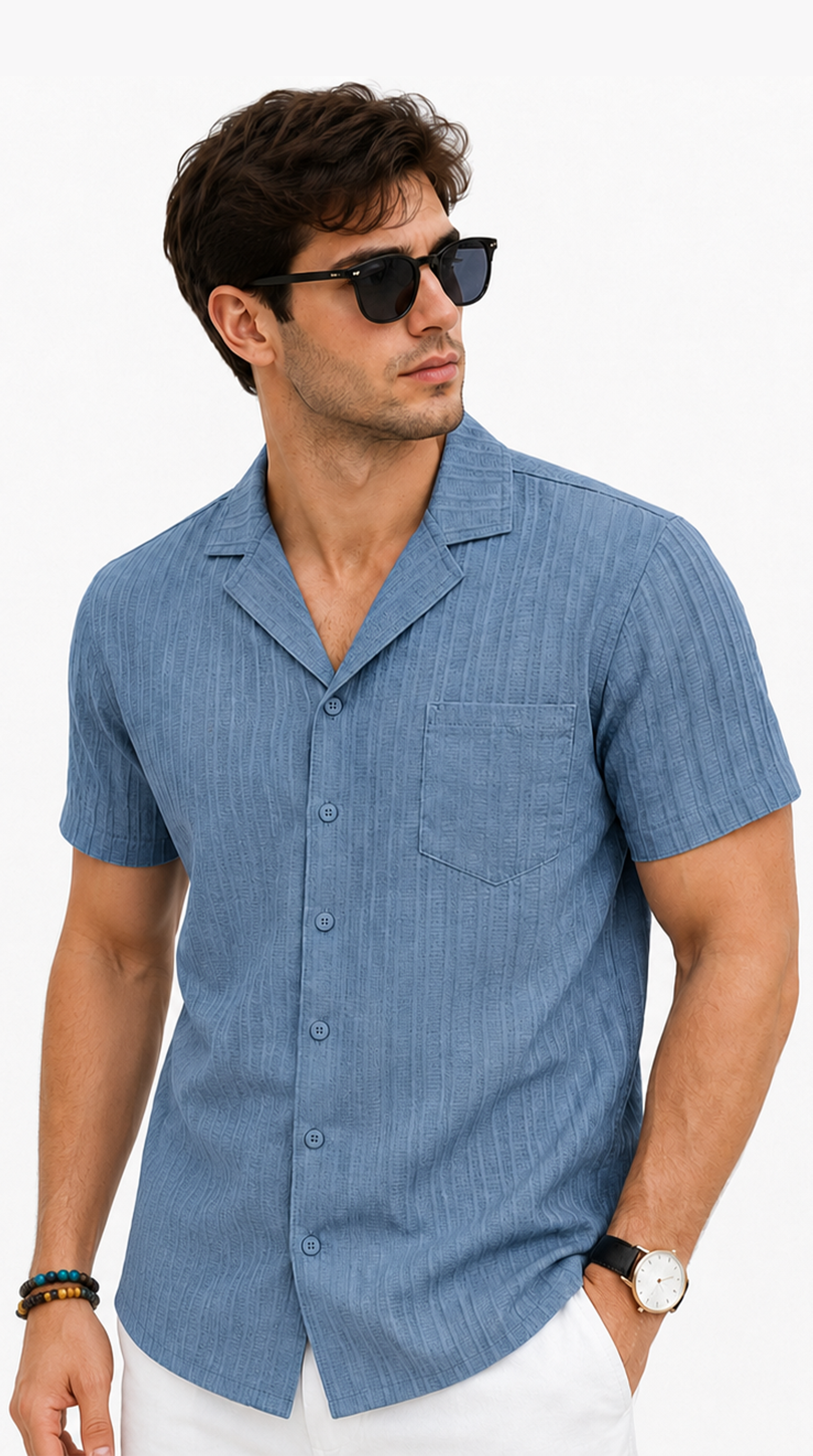 Man wearing a blue striped shirt with sunglasses on a white background, Tristan shirt 2027 from Meleche Fashion USA or Meléche (short as (Mé))
