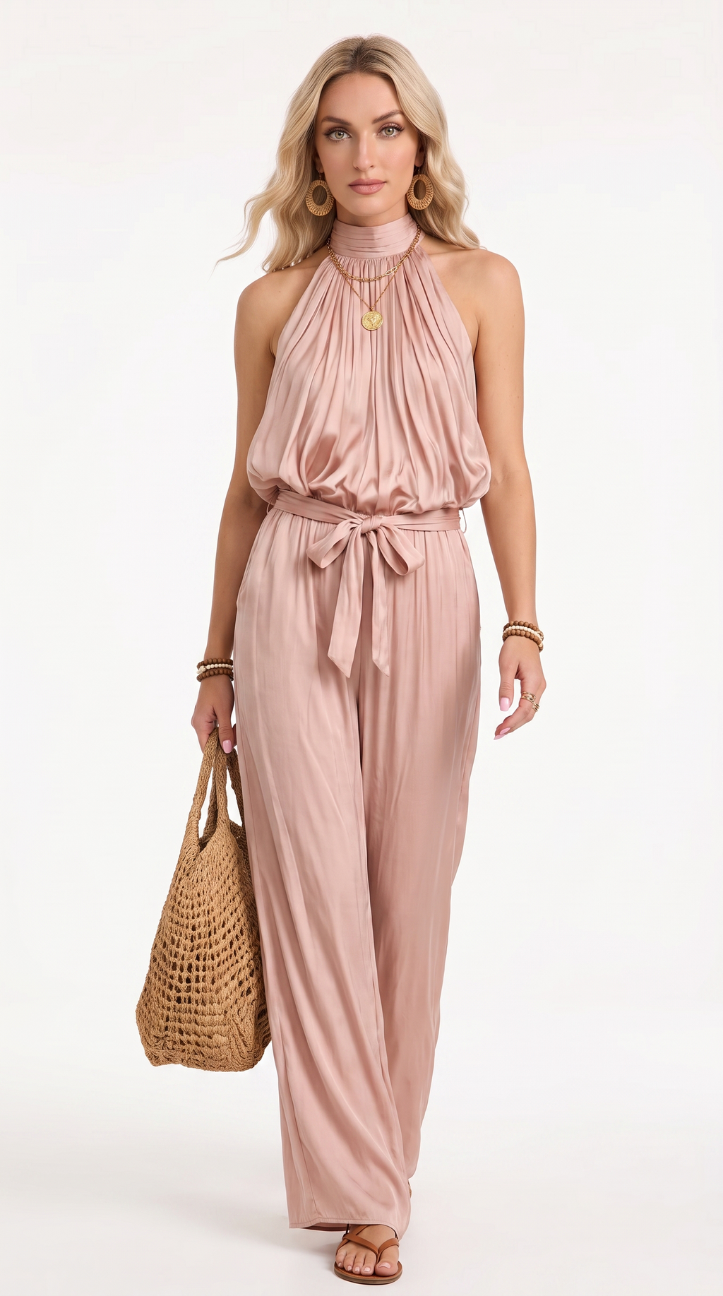 Woman wearing a pink jumpsuit holding a woven bag on a white background, from Meleche Fashion USA or Meléche (short as (Mé))