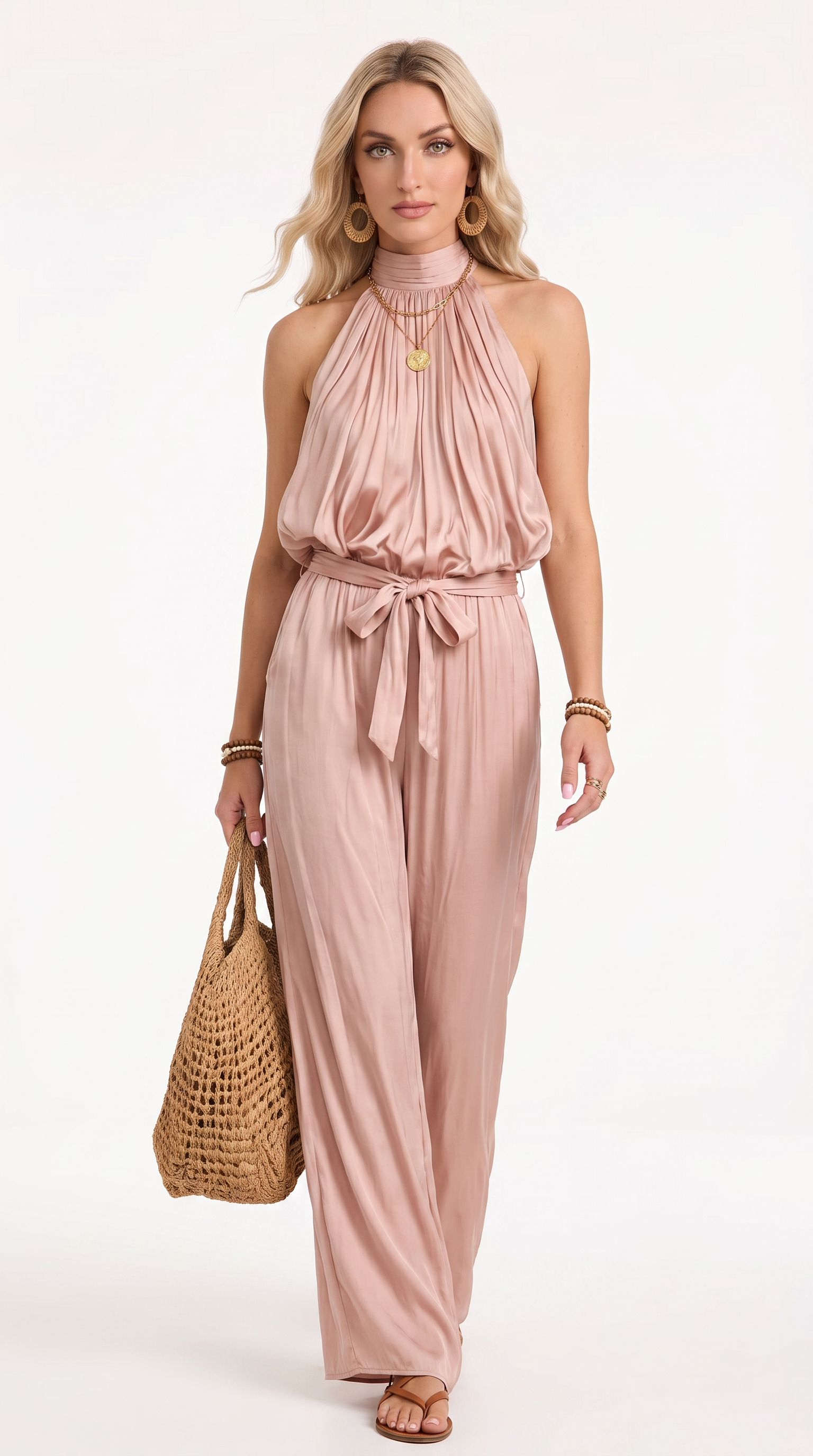 Woman wearing a pink jumpsuit holding a woven bag on a white background, from Meleche Fashion USA or Meléche (short as (Mé))