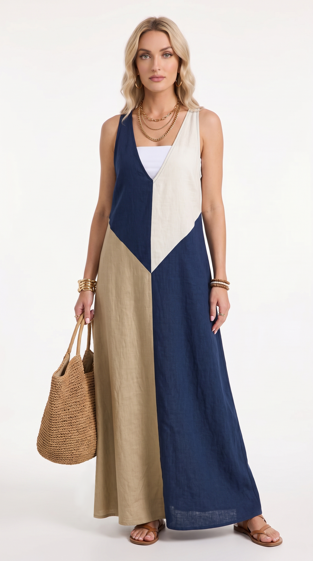 Woman wearing a long, color-blocked dress with a white, blue, and beige pattern, holding a woven bag, from Meleche Fashion USA or Meléche (short as (Mé))