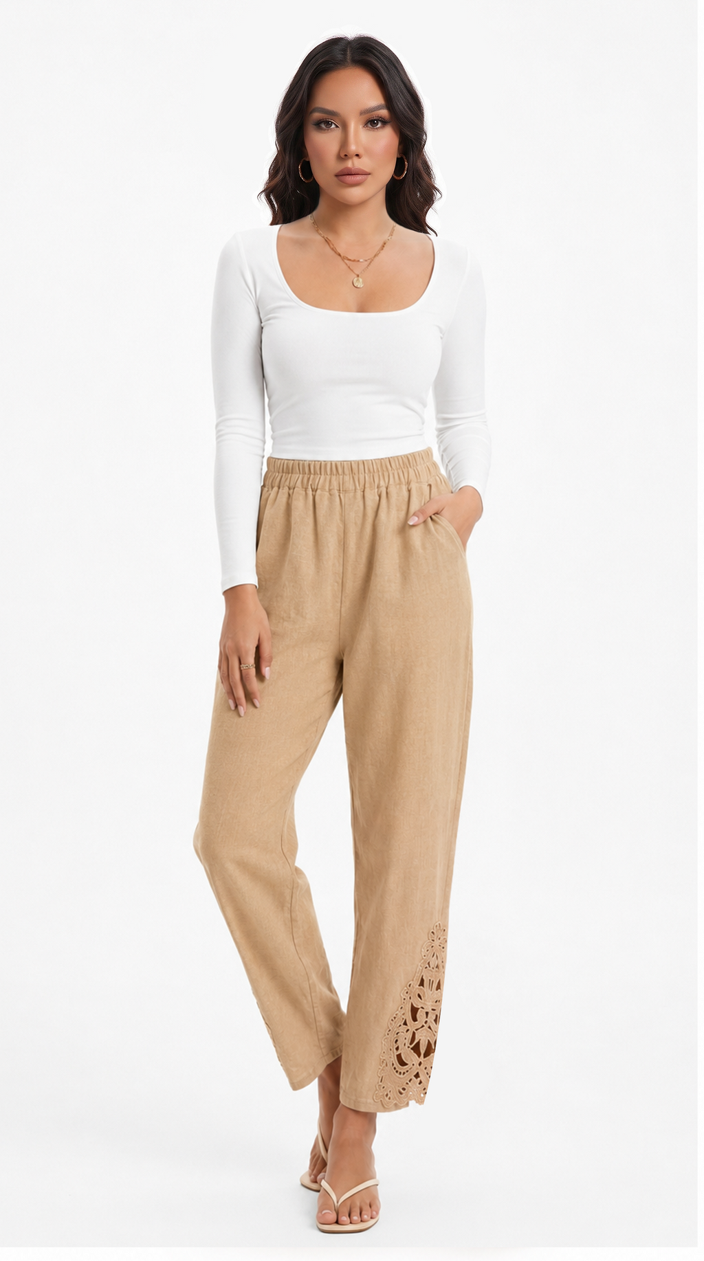 Woman wearing a white top and beige pants with lace details on a white background, from Meleche Fashion USA or Meléche (short as (Mé))