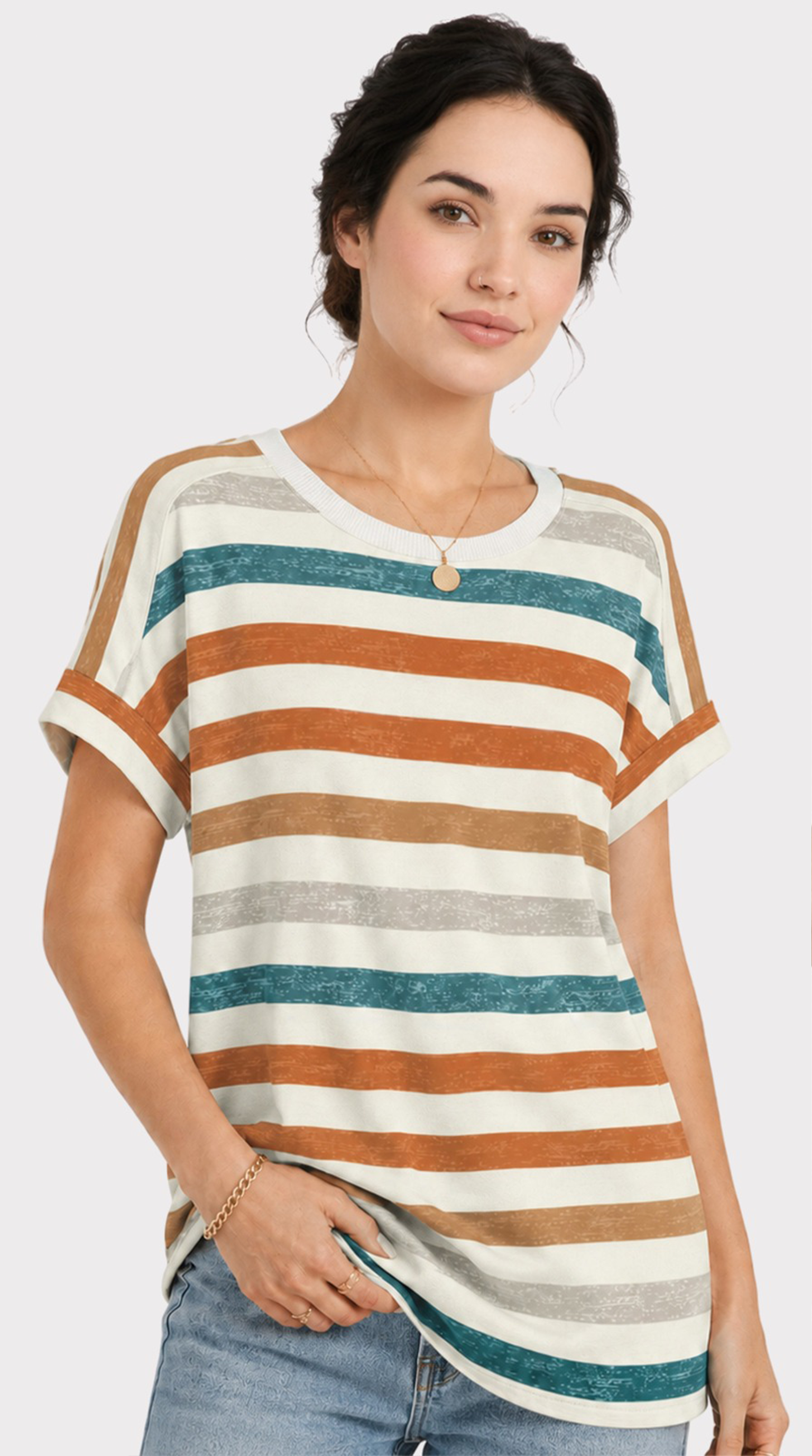 Woman wearing a striped shirt with short sleeves on a white background, from Meleche Fashion USA or Meléche (short as (Mé))