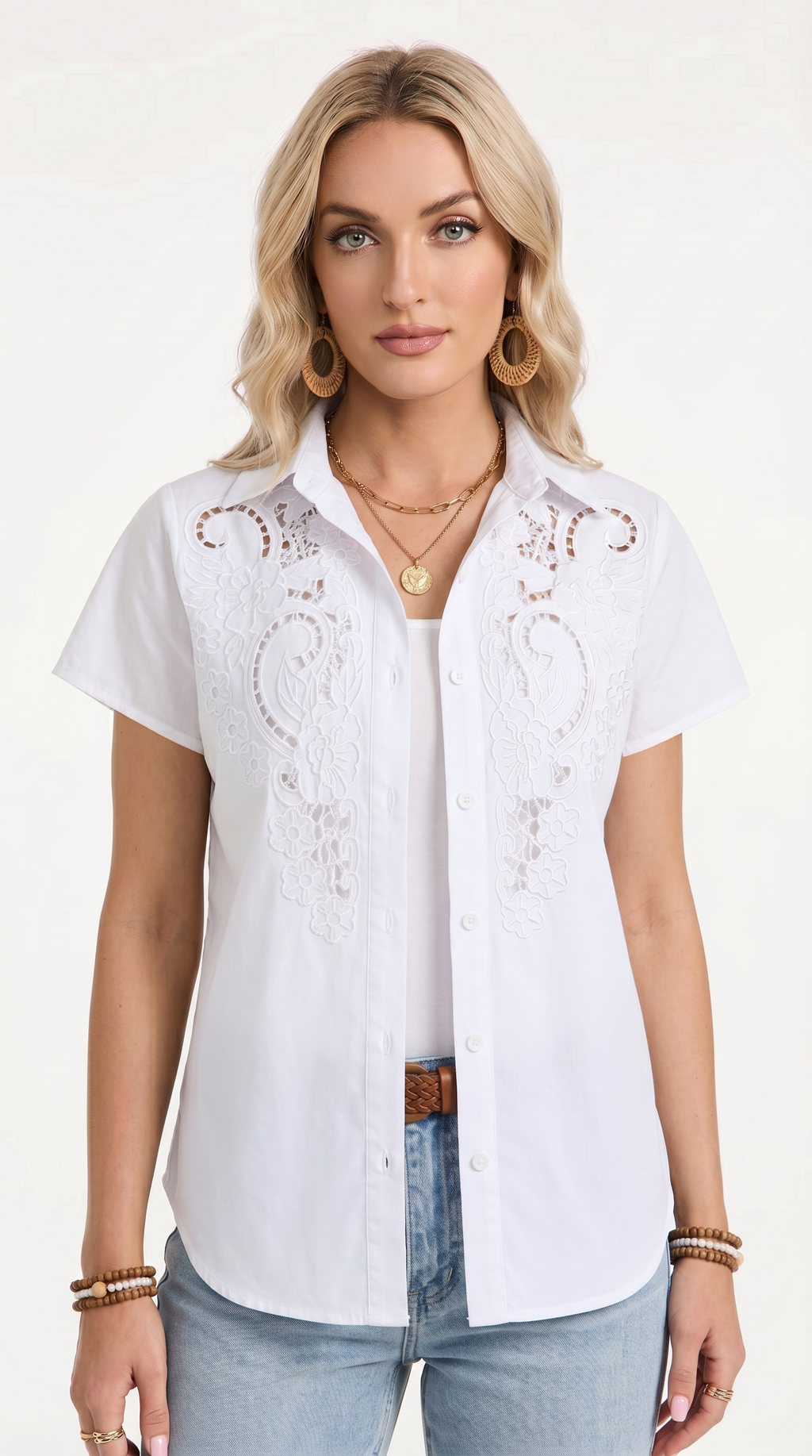 Woman wearing a white embroidered shirt and blue jeans on a white background, from Meleche Fashion USA or Meléche (short as (Mé))