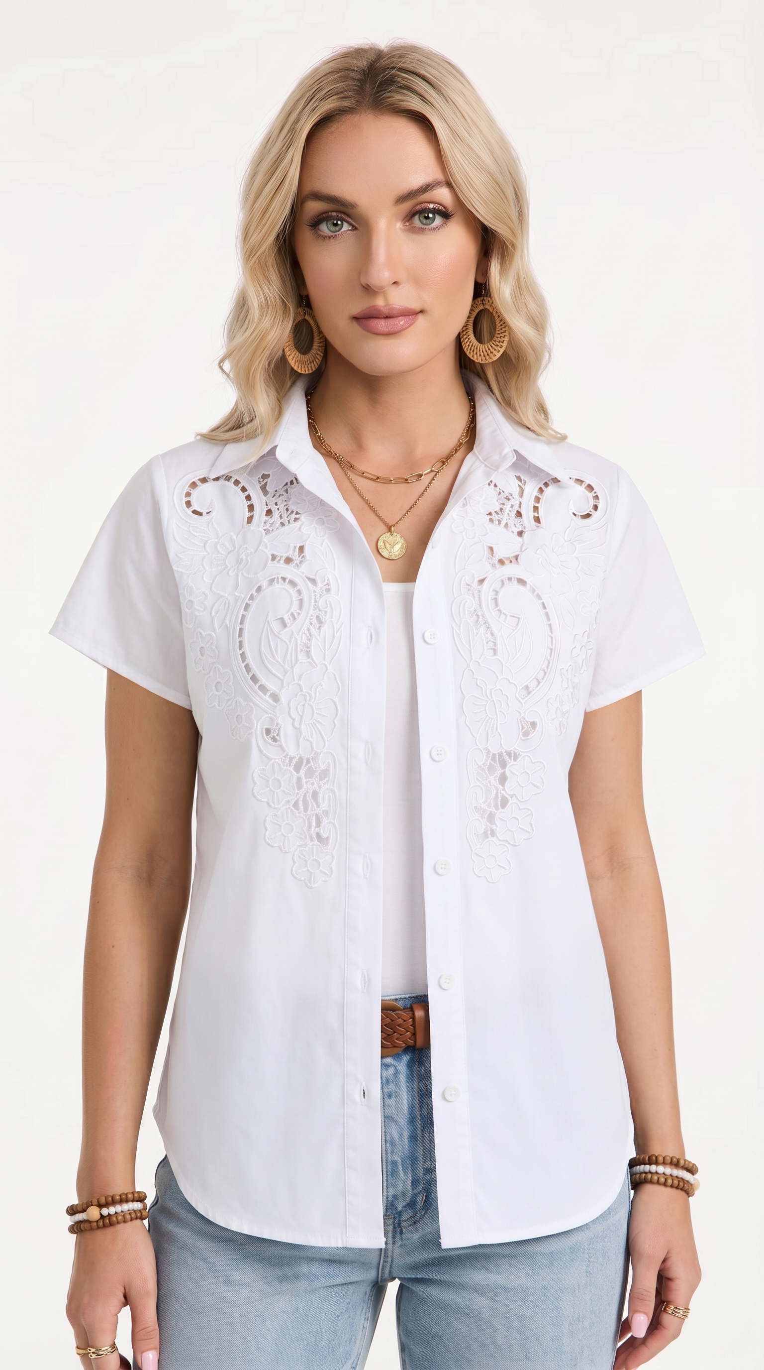 Woman wearing a white embroidered shirt and blue jeans on a white background, from Meleche Fashion USA or Meléche (short as (Mé))