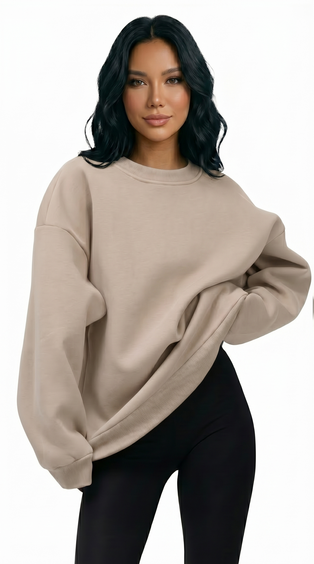 Woman wearing a beige sweatshirt on a white background from Meleche Fashion USA or Meléche (short as (Mé))