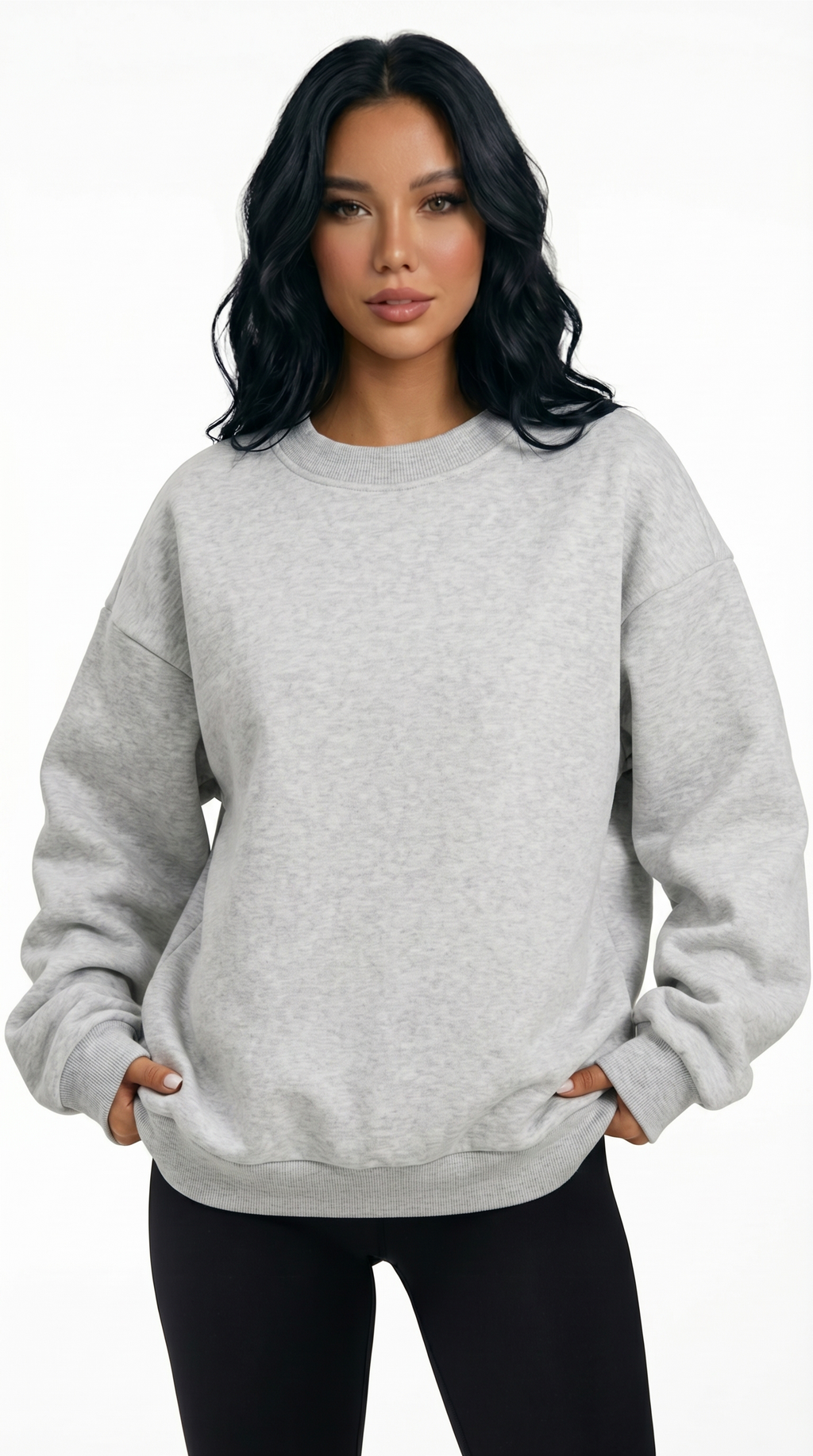 Woman wearing a gray sweatshirt on a white background from Meleche Fashion USA or Meléche (short as (Mé))