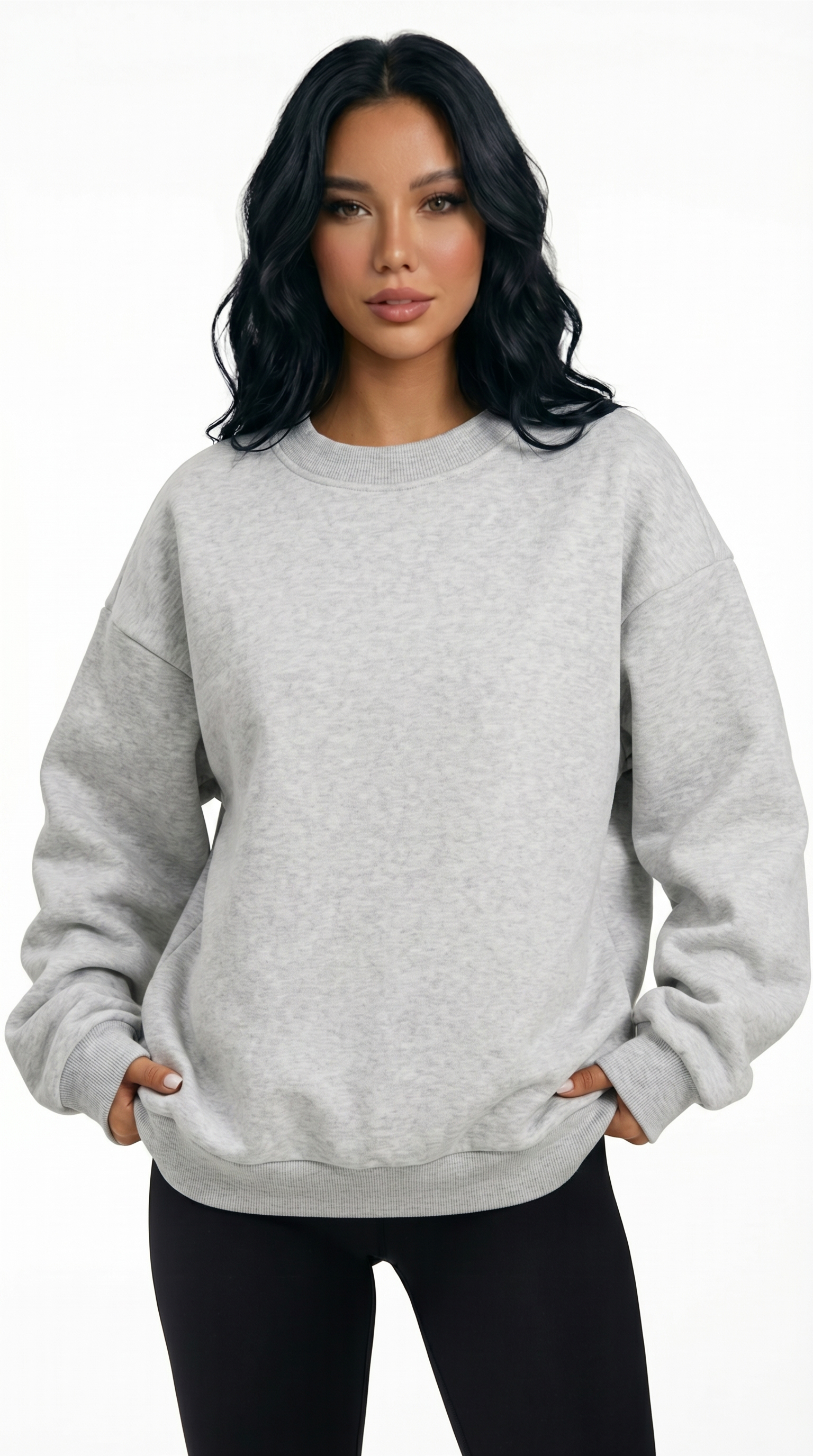 Woman wearing a gray sweatshirt on a white background from Meleche Fashion USA or Meléche (short as (Mé))