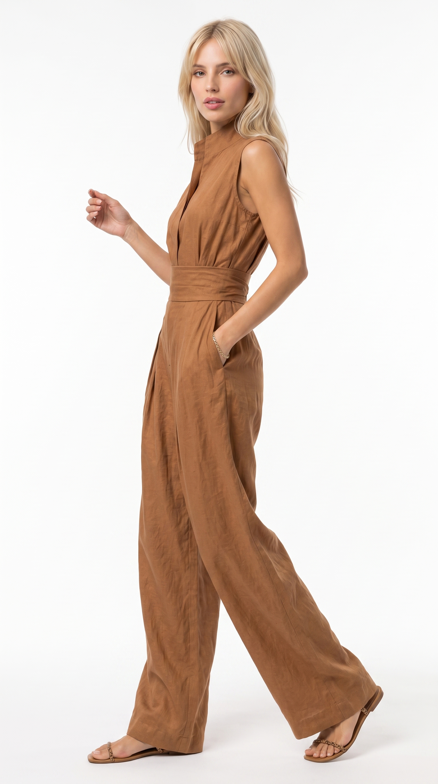 A woman modeling a sleeveless, high-neck, wide-leg jumpsuit in a warm camel brown color, standing against a plain white studio background, from Meleche Fashion USA or Meléche (short as (Mé))