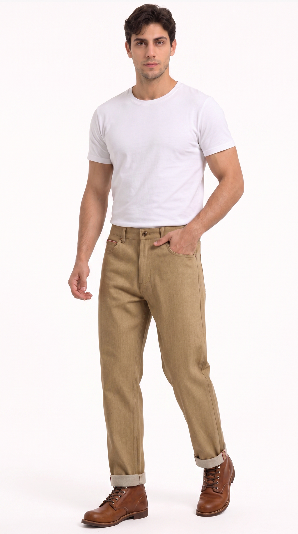 A man modeling a white crewneck t-shirt, tan straight-leg dress pants, and brown leather lace-up boots against a plain white studio background, from Meleche Fashion USA or Meléche (short as (Mé))