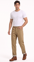 A man modeling a white crewneck t-shirt, tan straight-leg dress pants, and brown leather lace-up boots against a plain white studio background, from Meleche Fashion USA or Meléche (short as (Mé))