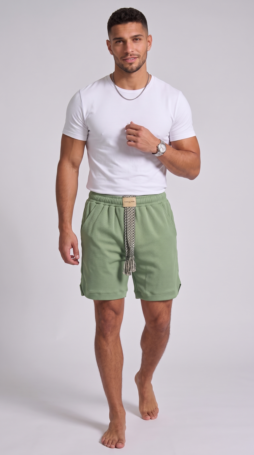 A man modeling sage green drawstring shorts with a patterned tie belt, paired with a white t-shirt, against a light gray studio background, from Meleche Fashion USA or Meléche (short as (Mé))