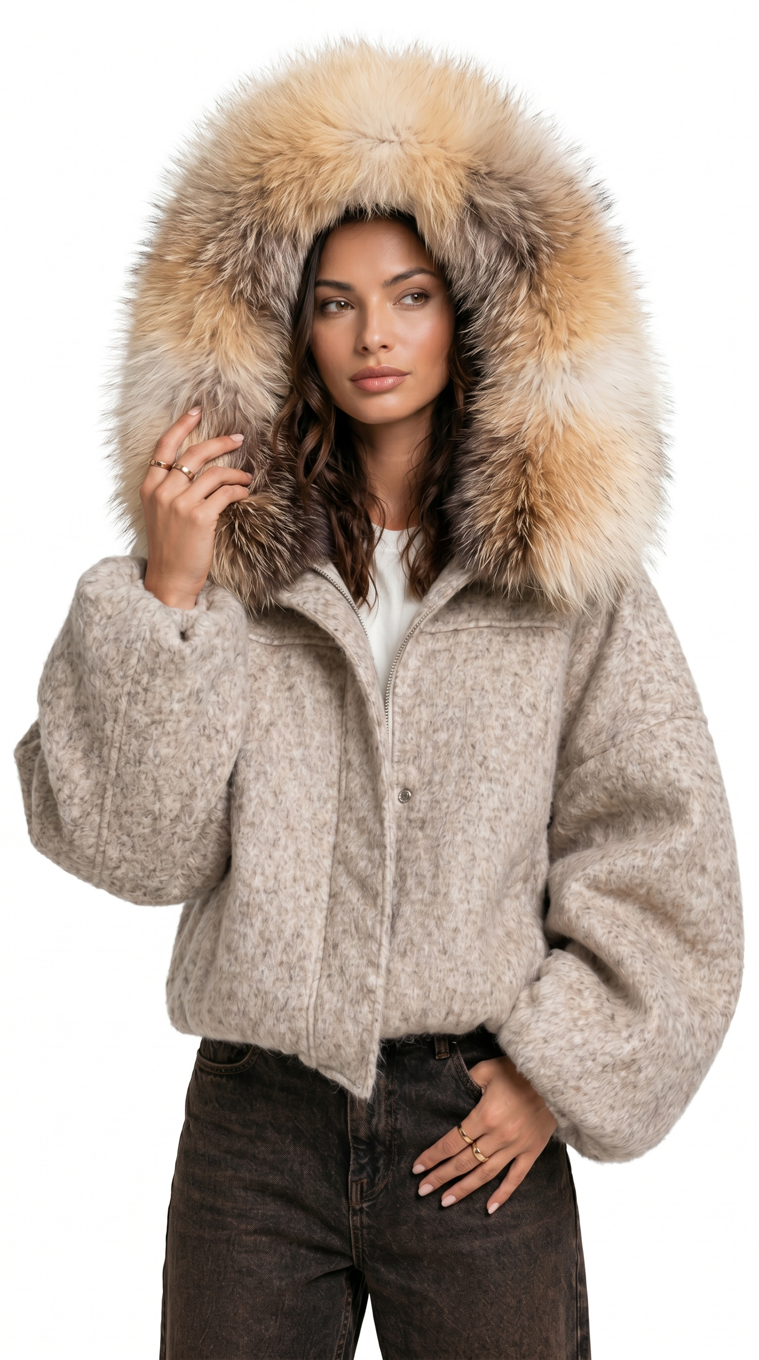 Woman wearing a beige coat with a fur-lined hood on a white background from Meleche Fashion USA or Meléche (short as (Mé))