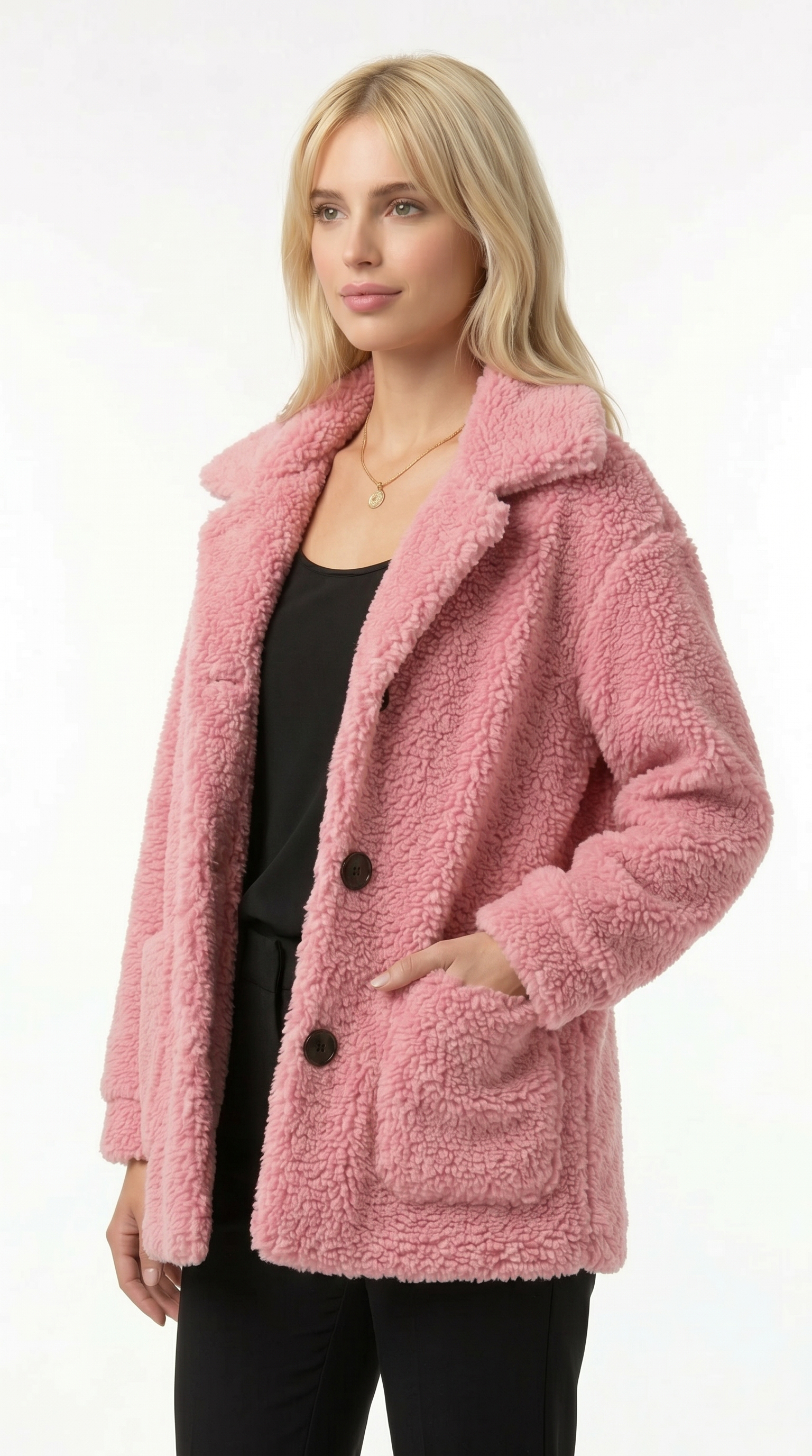 Woman wearing a pink teddy coat on a white background from Meleche Fashion USA or Meléche (short as (Mé))