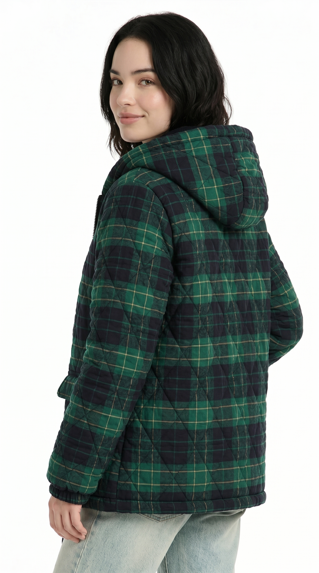 Person wearing a green and black plaid jacket on a white background from Meleche USA or Meléche (short as (Mé))