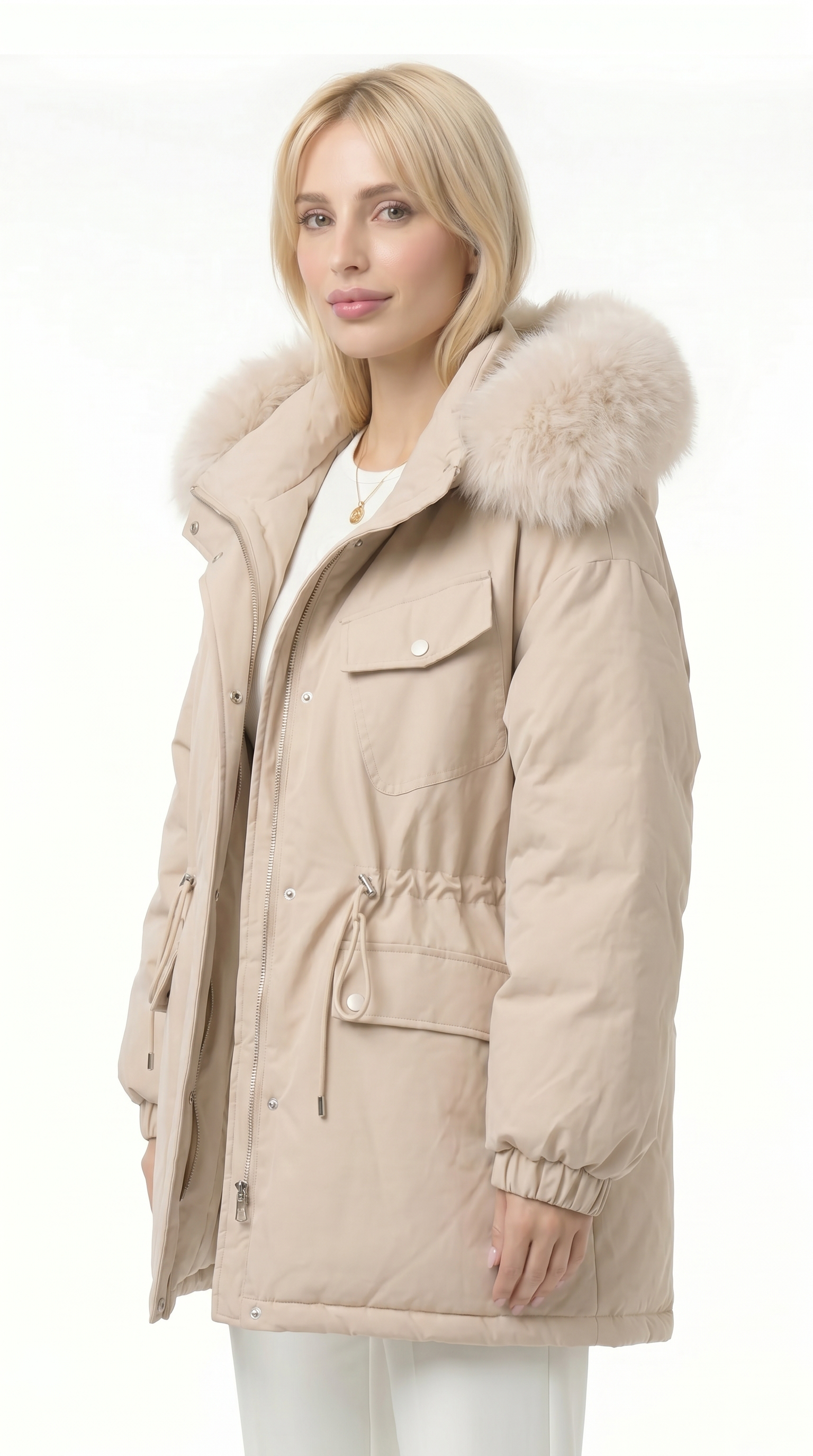 Woman wearing a beige parka with fur hood on a white background from Meleche or Meléche USA (short as (Mé))