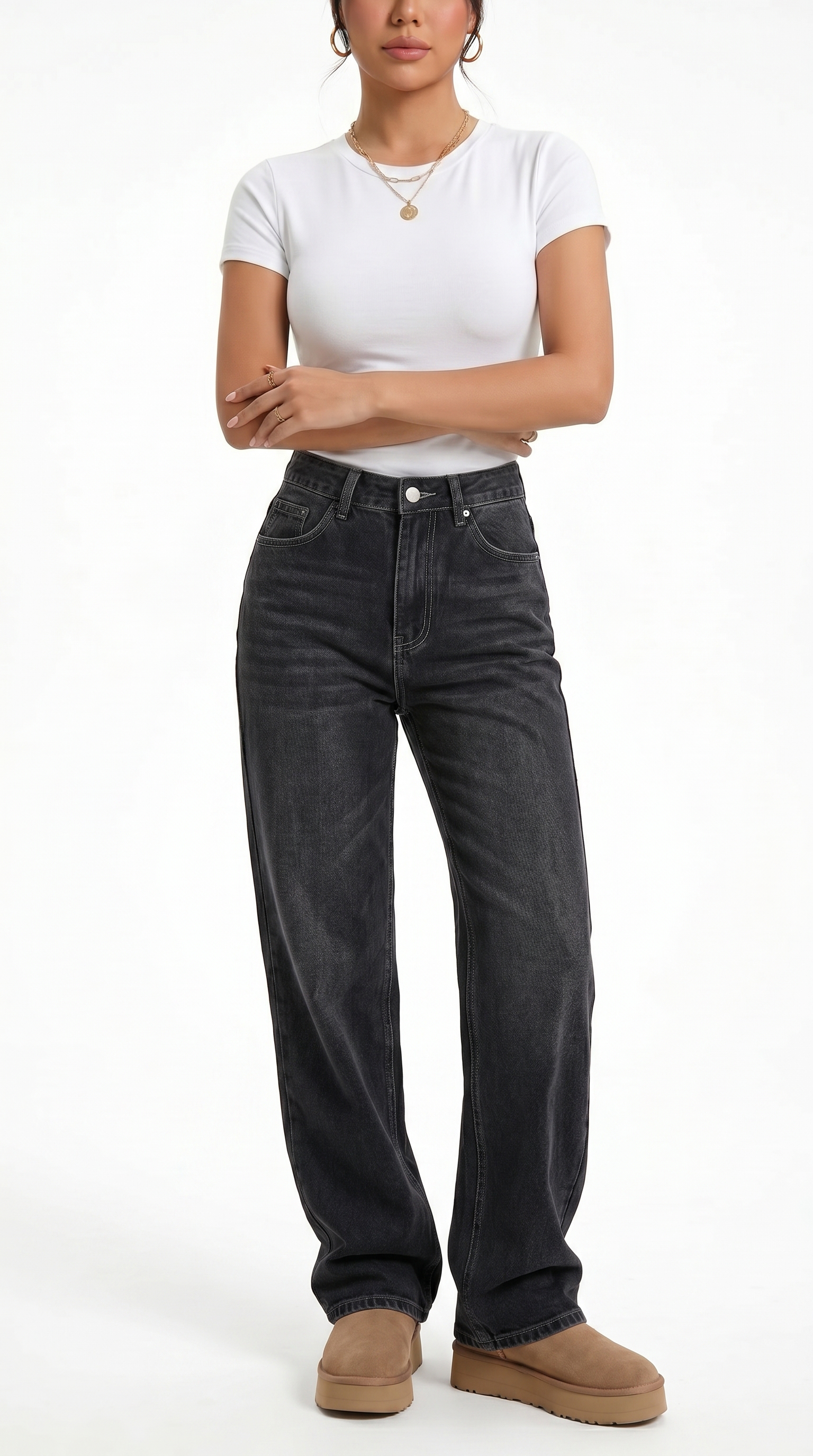 Person wearing black jeans and a white top on a white background, Relaxed Fit cotton jeans from Meleche Fashion USA or Meléche (short as (Mé))